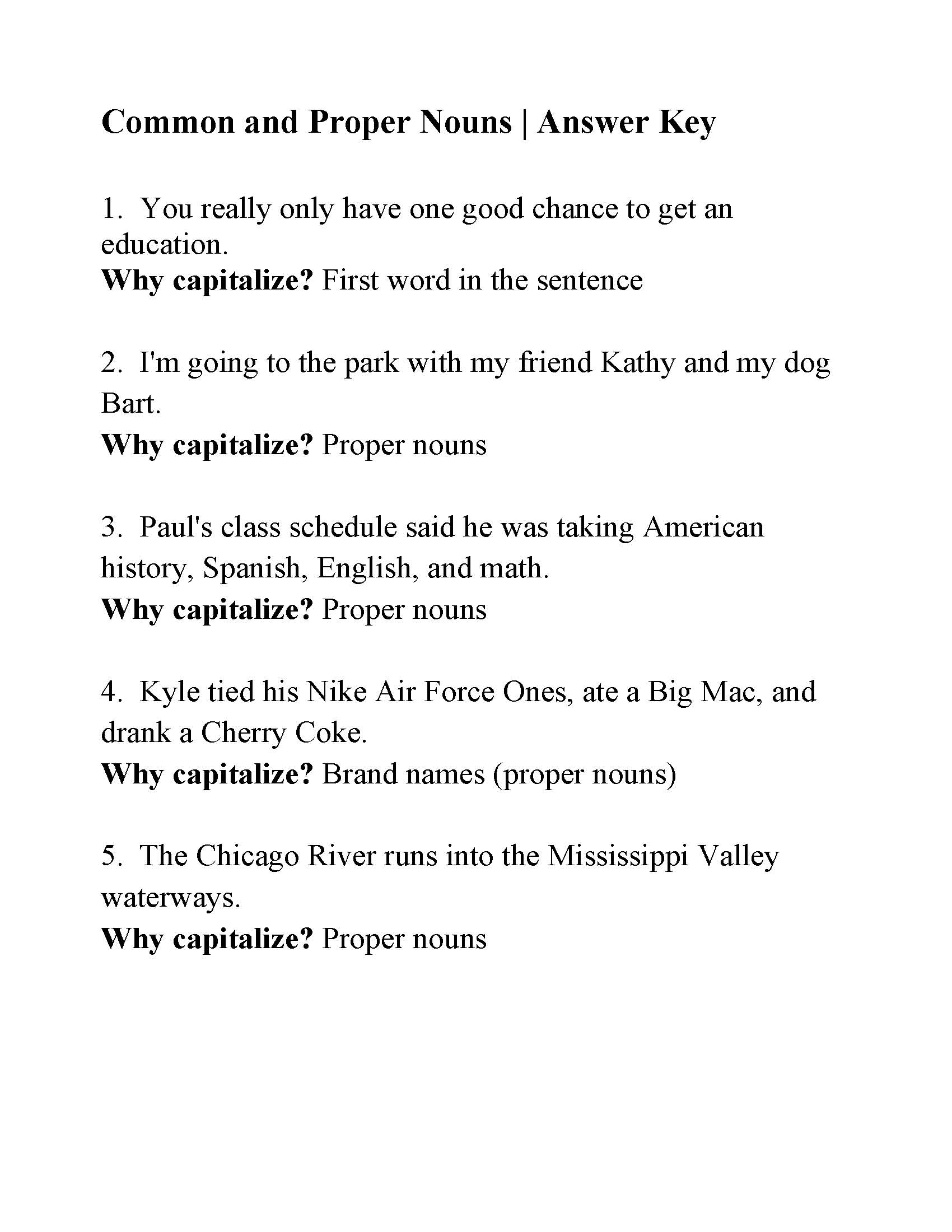 Proper Nouns Worksheet Answer Key