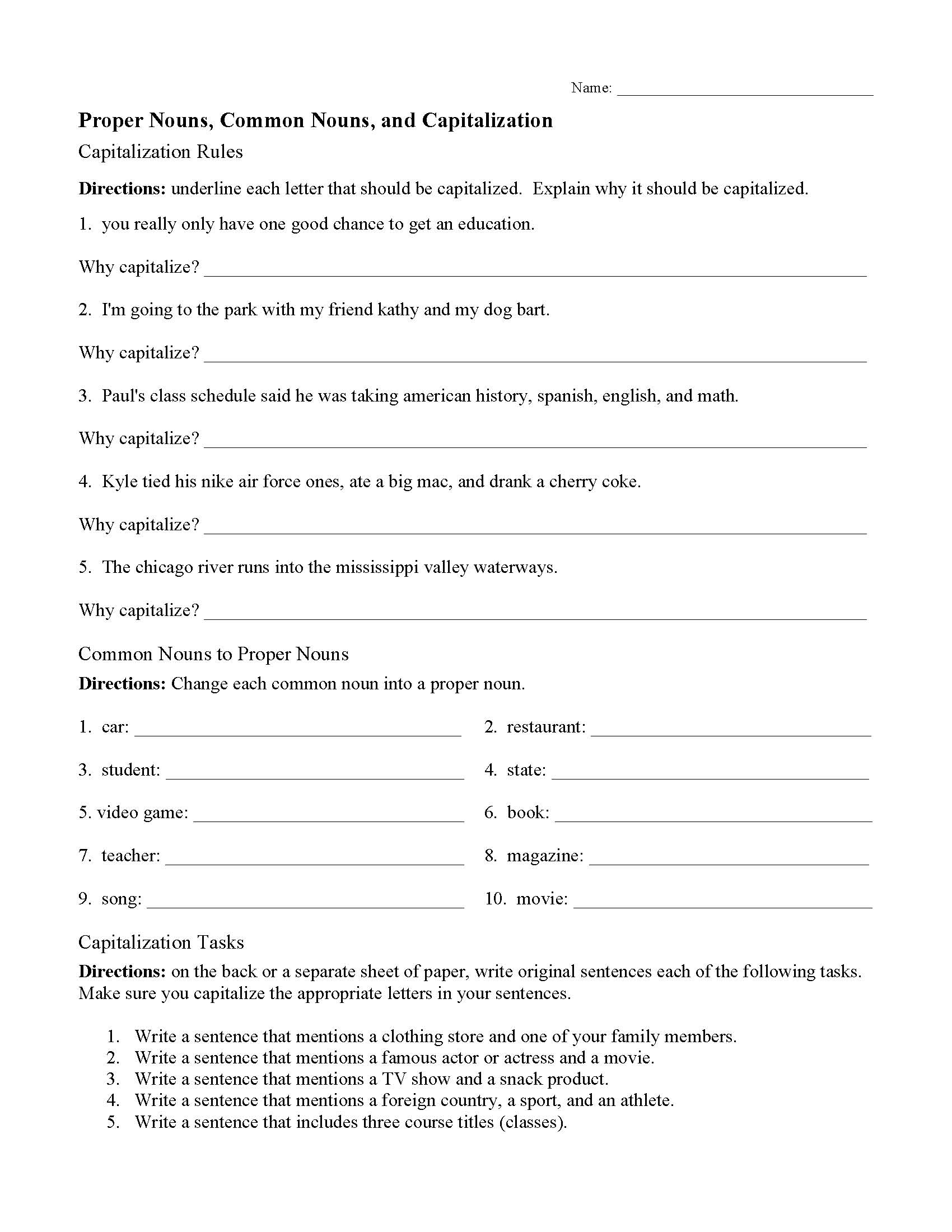 Proper Nouns Worksheet Capitalizing Part1