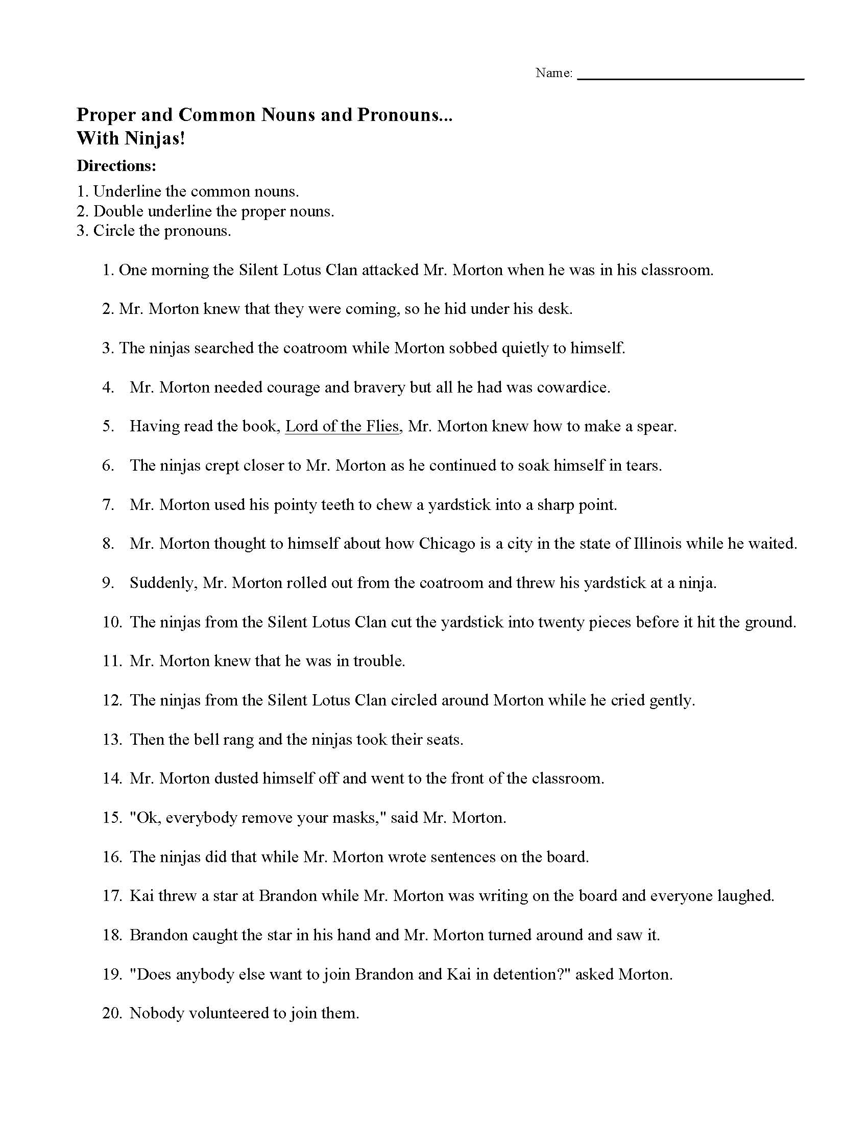 This is a preview image of Proper Nouns, Common Nouns, and Pronouns Worksheet | "With Ninjas". Click on it to enlarge it or view the source file.
