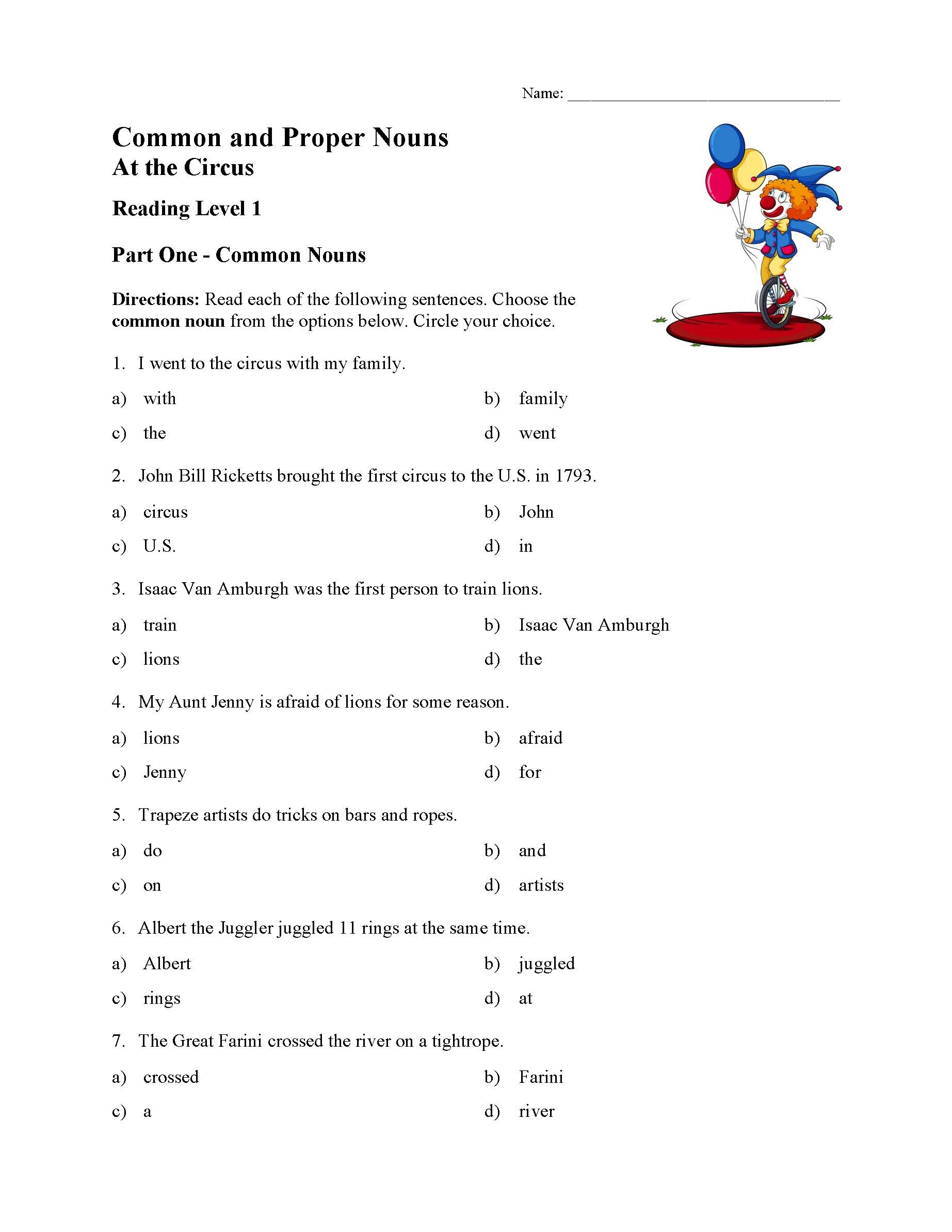 Common And Proper Nouns Test 1 Reading Level 1 Preview