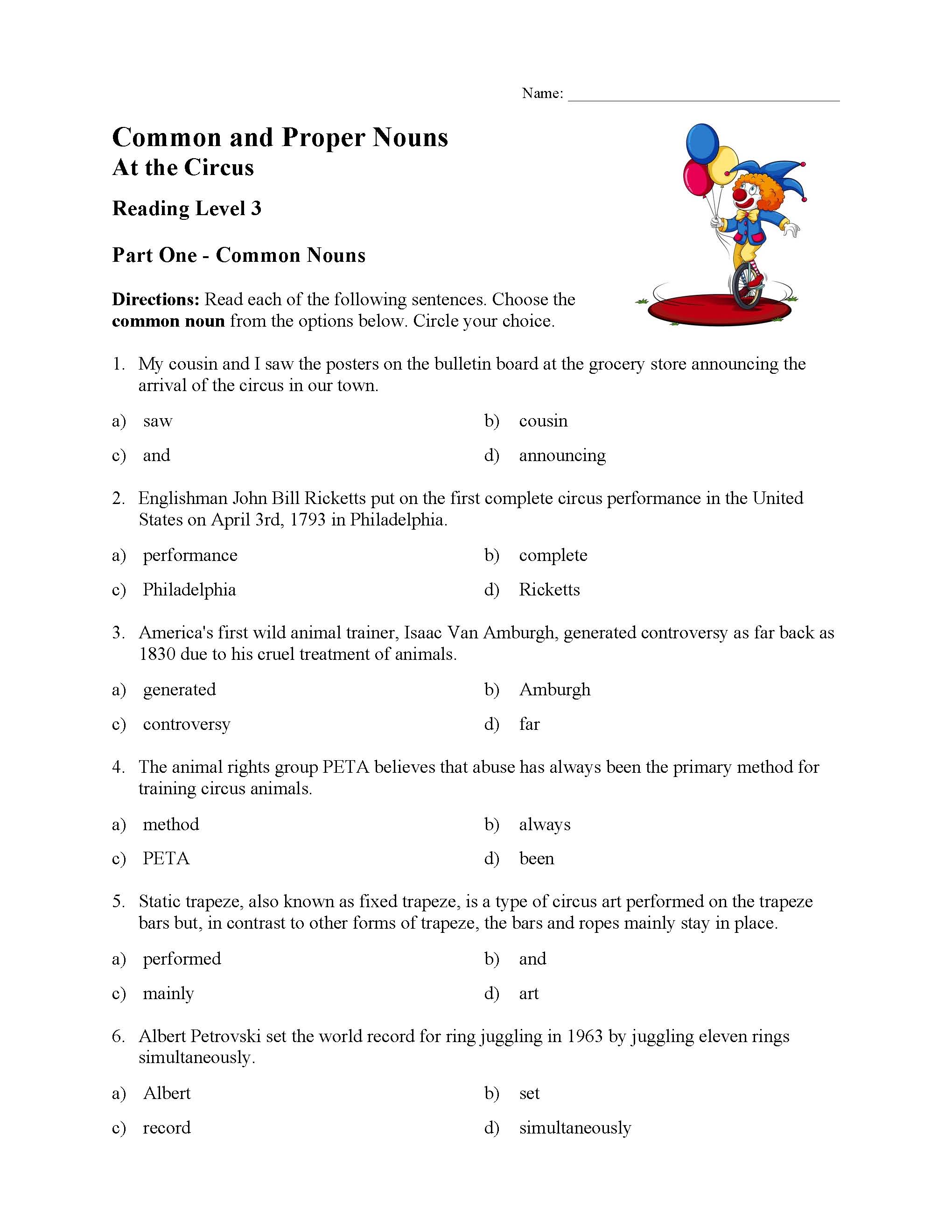 Common And Proper Nouns Test 3 Reading Level 3 Preview