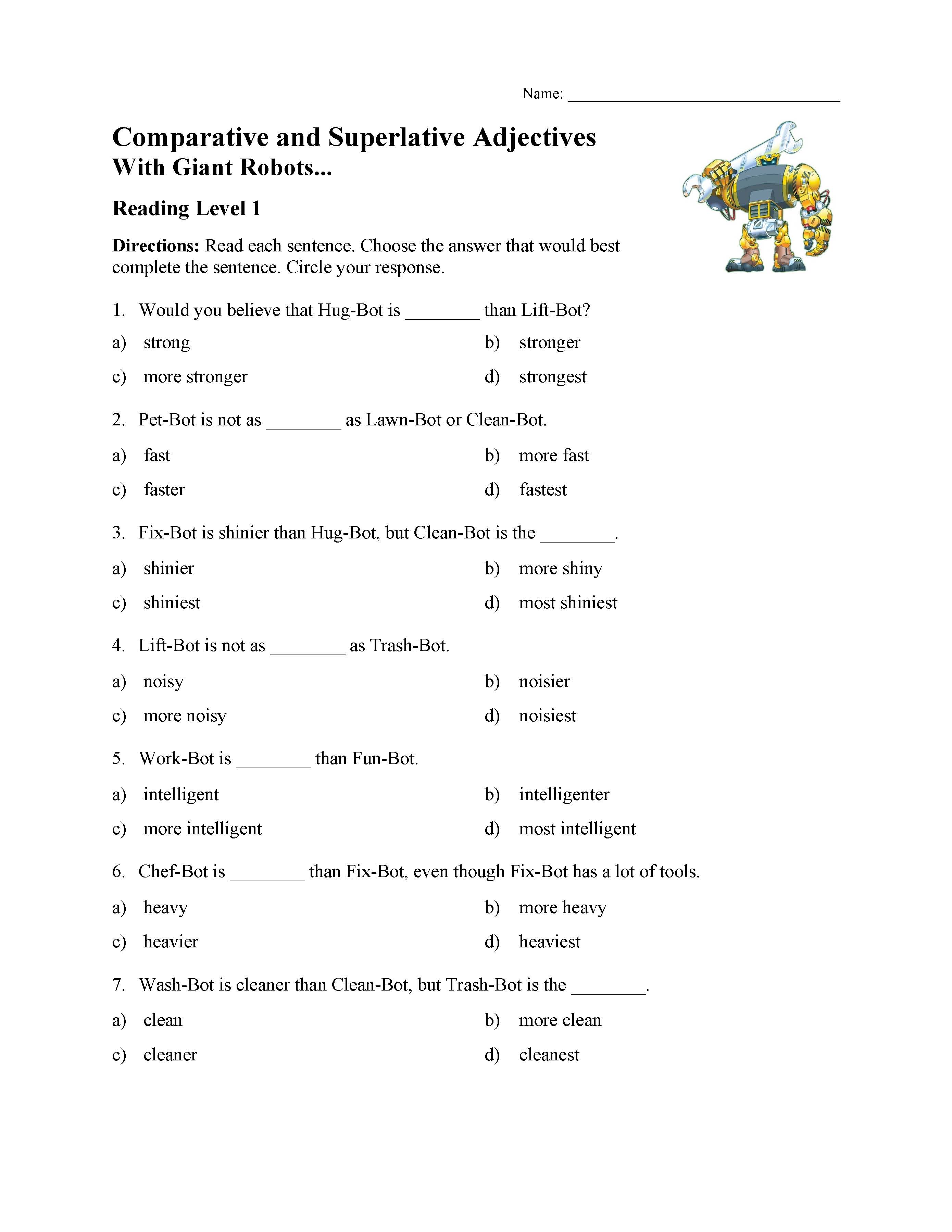 Comparative And Superlative Adjectives Test With Giant Robots Reading Level 1 Preview