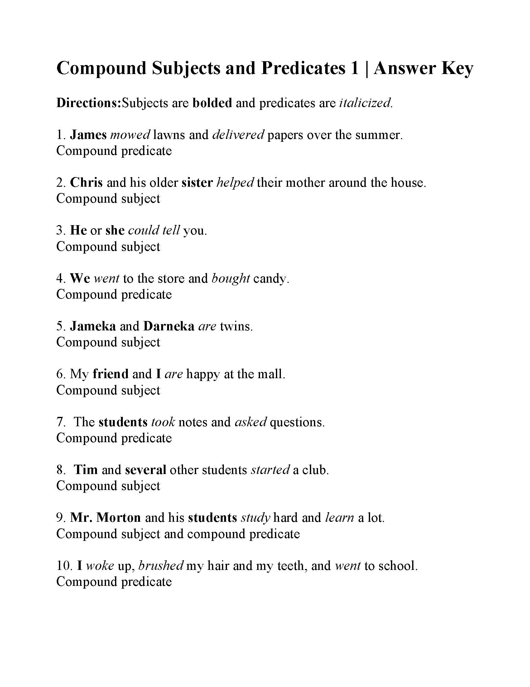 Compound Subjects And Verbs Worksheet Answers