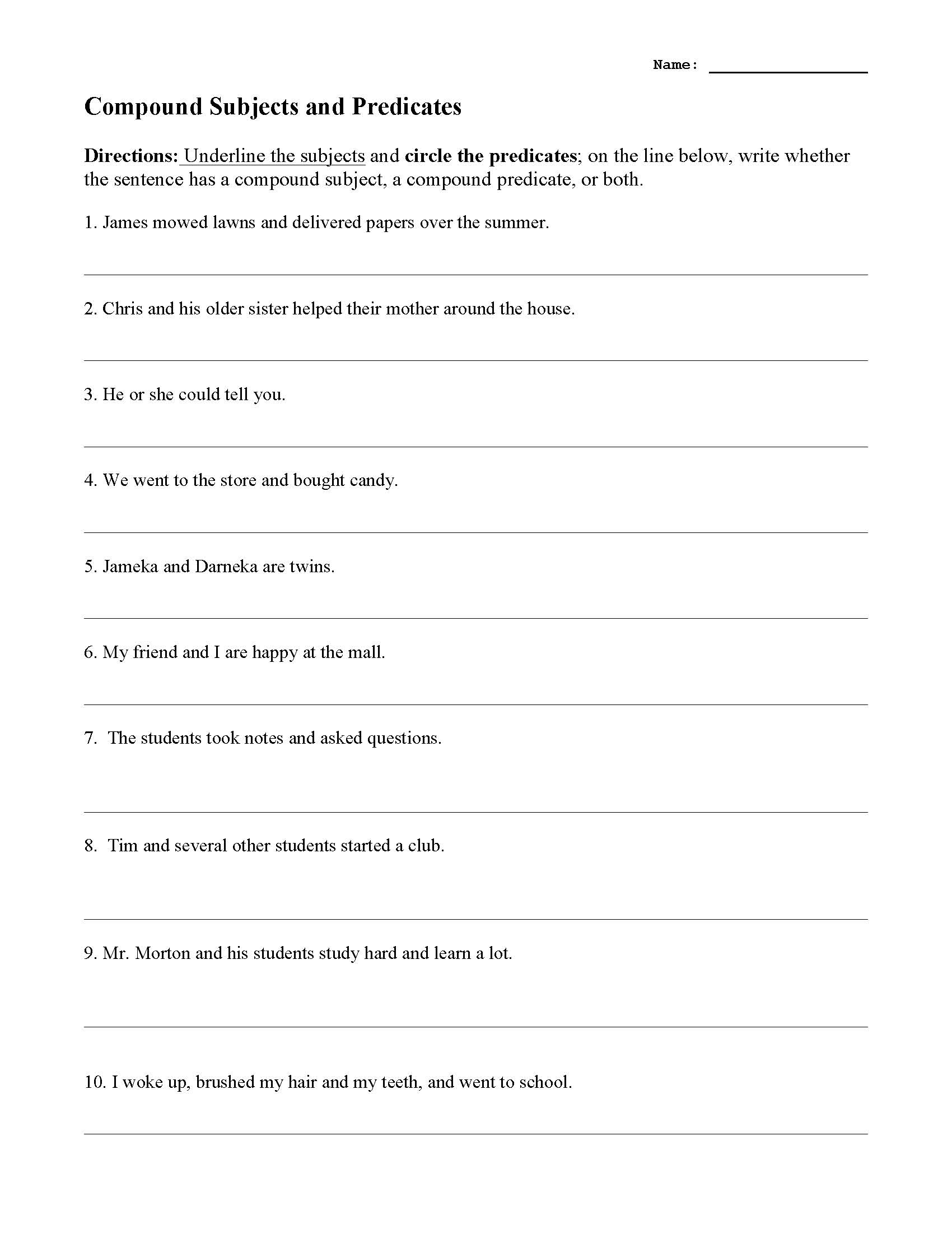 Compound Subjects and Predicates Worksheet  Sentence Structure With Complete Subject And Predicate Worksheet