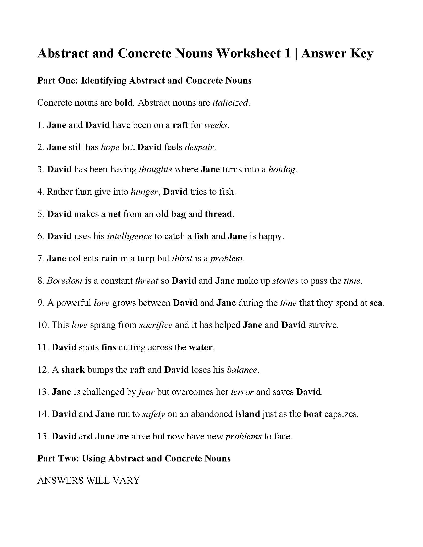 Concrete and Abstract Nouns Worksheet  Answers Inside Concrete And Abstract Nouns Worksheet