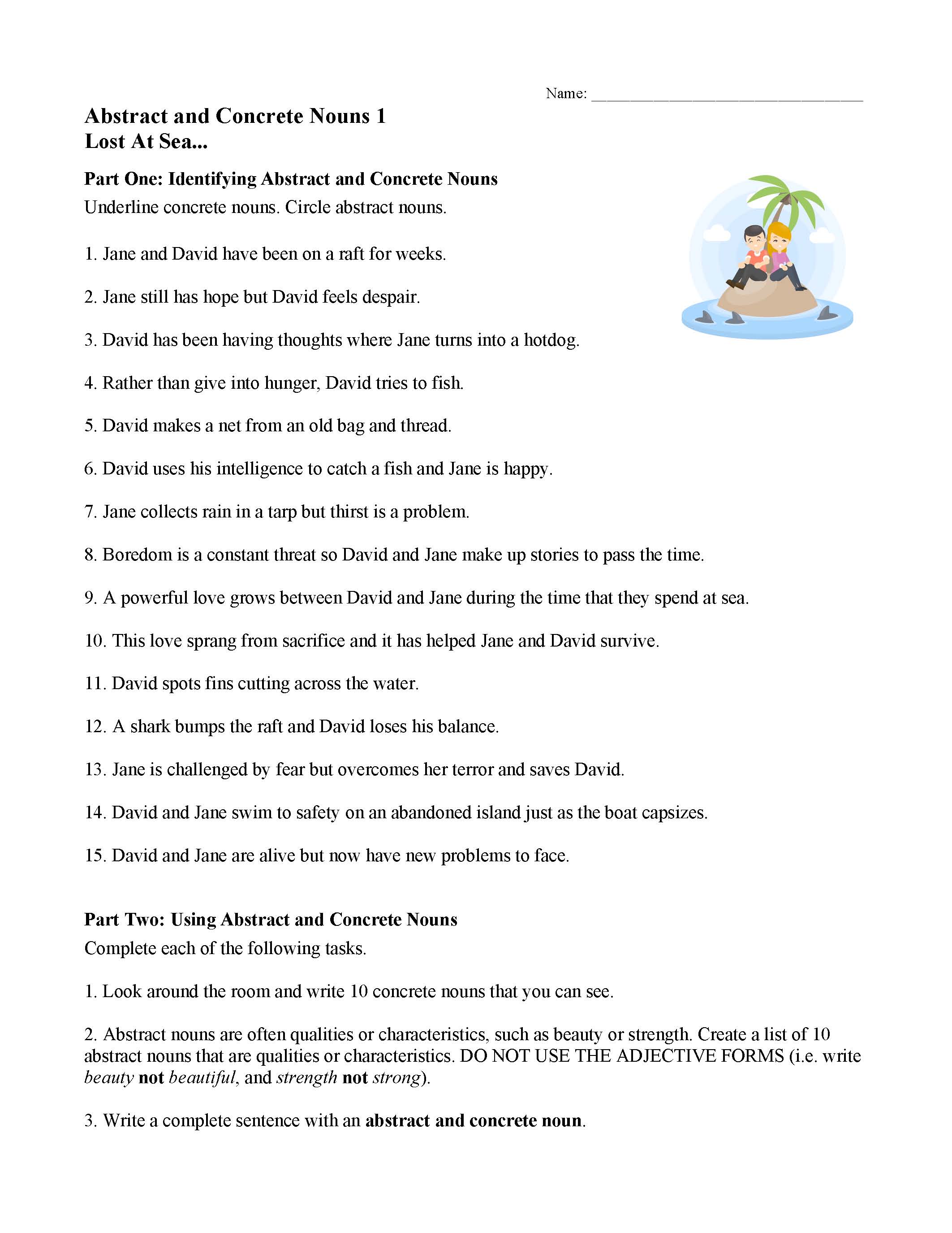 This is a preview image of Concrete and Abstract Nouns Worksheets | "Lost at Sea...". Click on it to enlarge it or view the source file.