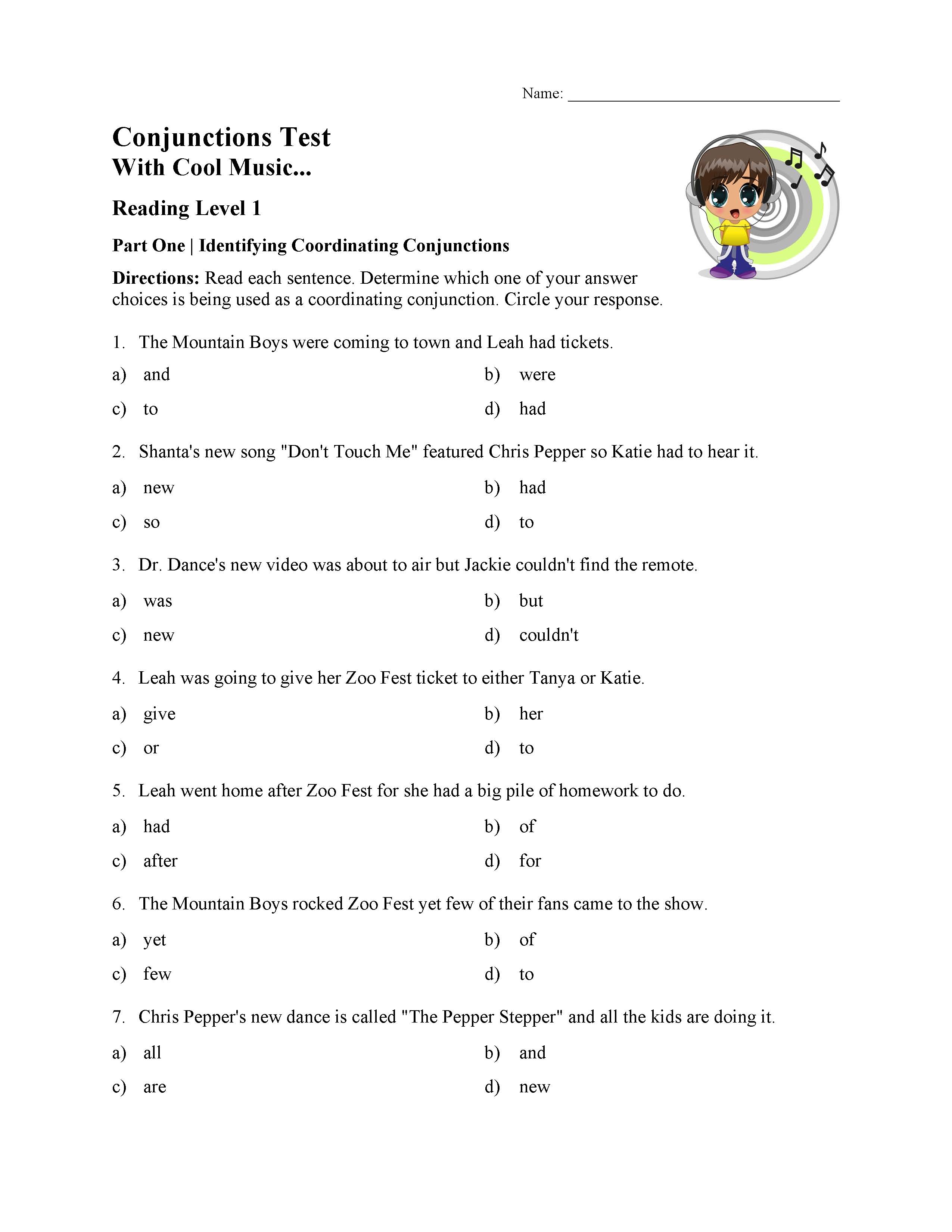 This is a preview image of the Conjunctions Test - Reading Level 1.