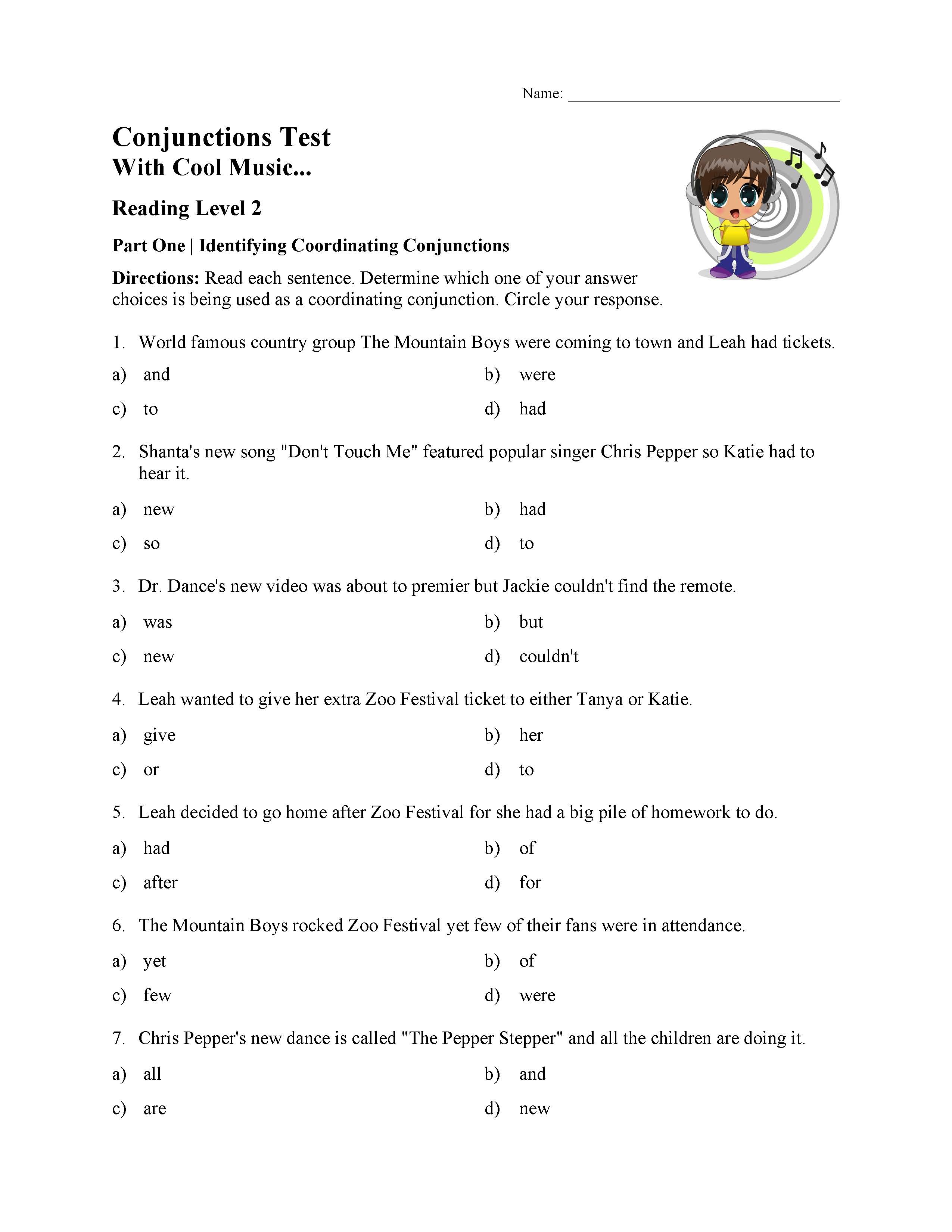 This is a preview image of the Conjunctions Test - Reading Level 2.