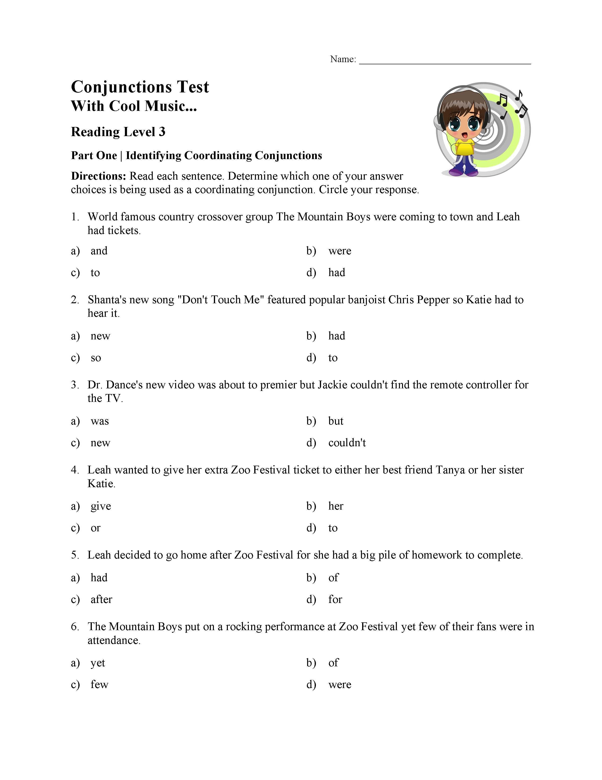 This is a preview image of the Conjunctions Test - Reading Level 3.