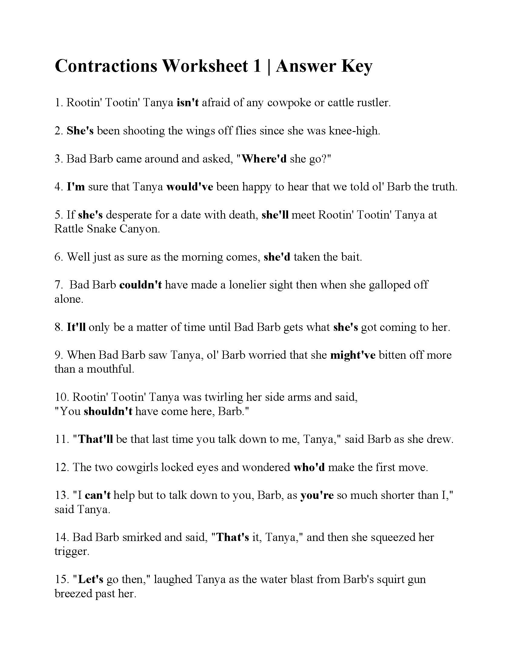 This is a preview image of Contractions Worksheet 1. Click on it to enlarge it or view the source file.