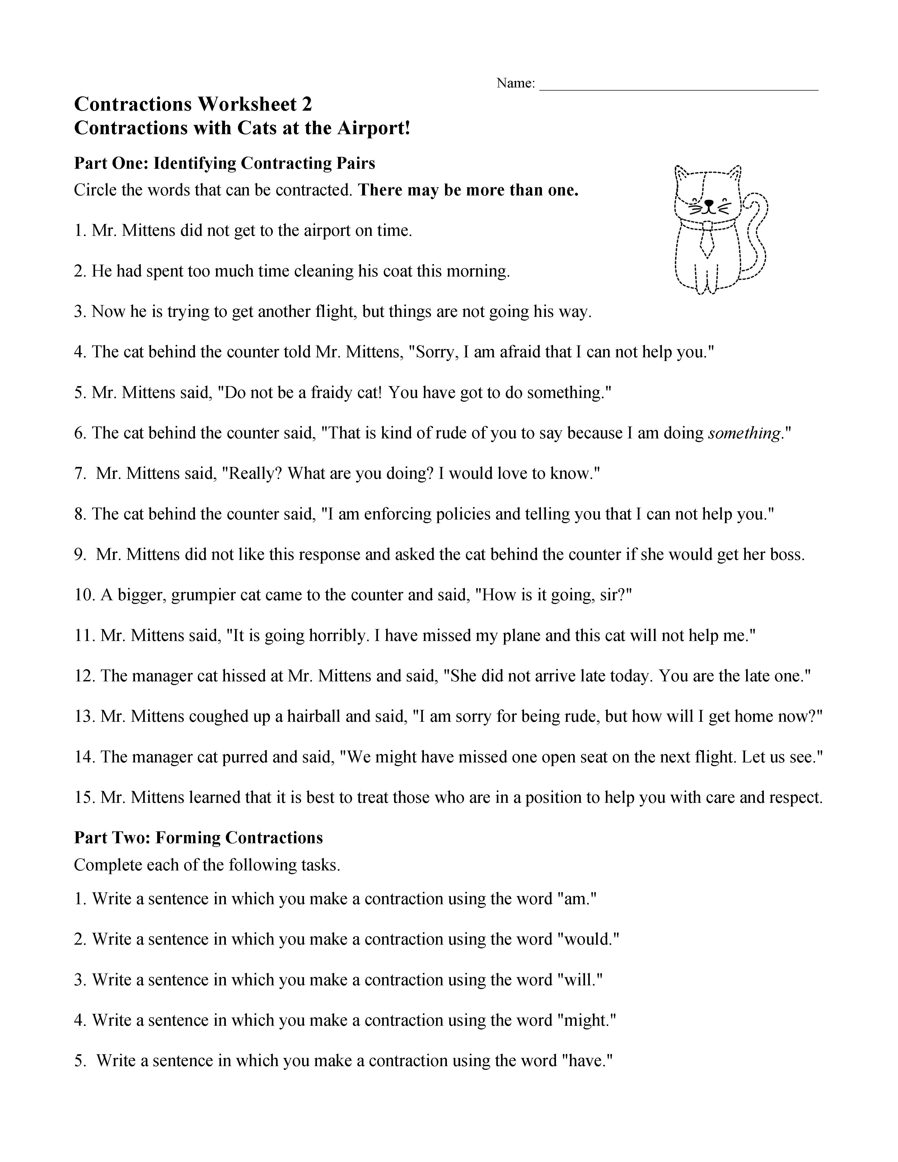 Contractions Worksheet 21  Grammar Activity In Contractions Worksheet 2nd Grade