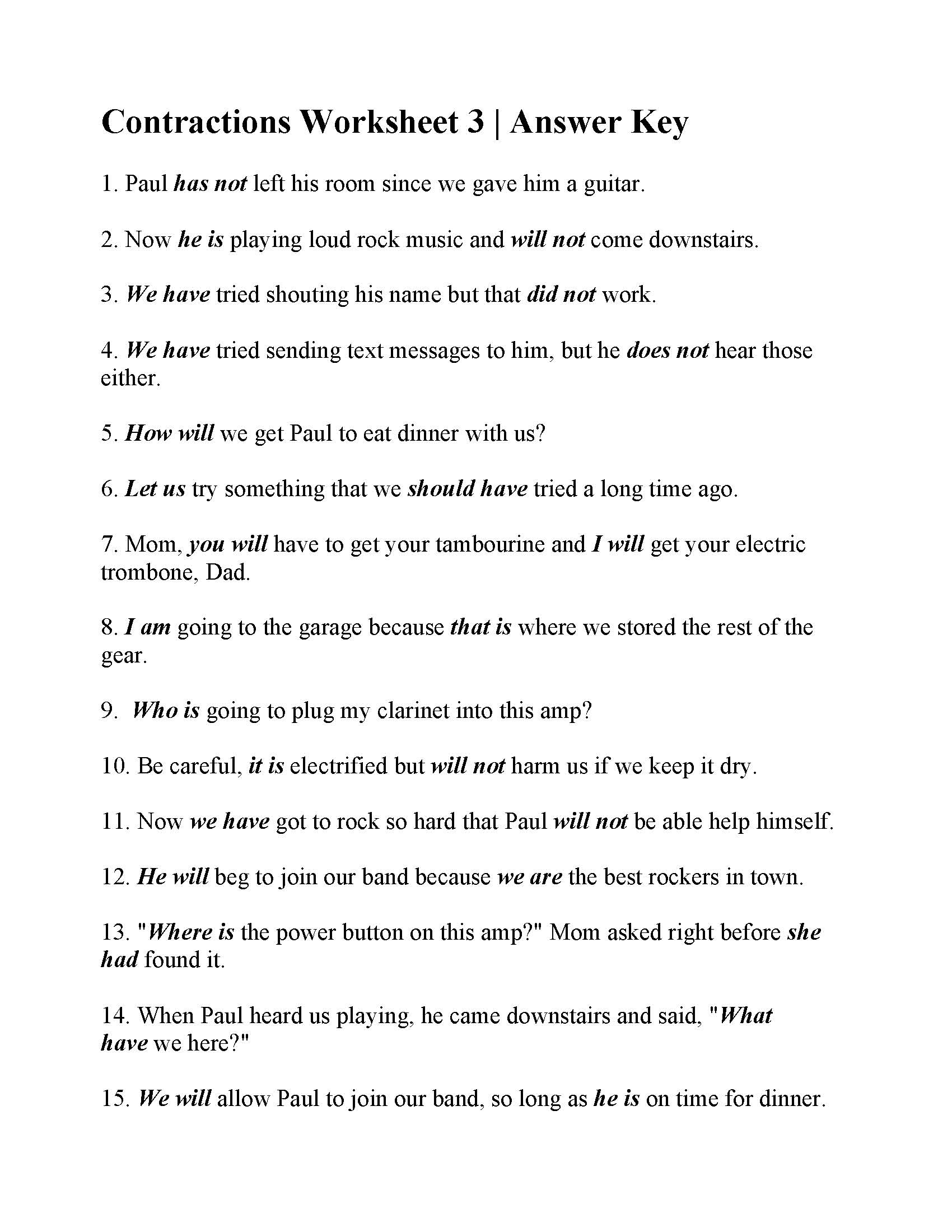 Contractions Worksheet 3 Grammar Activity