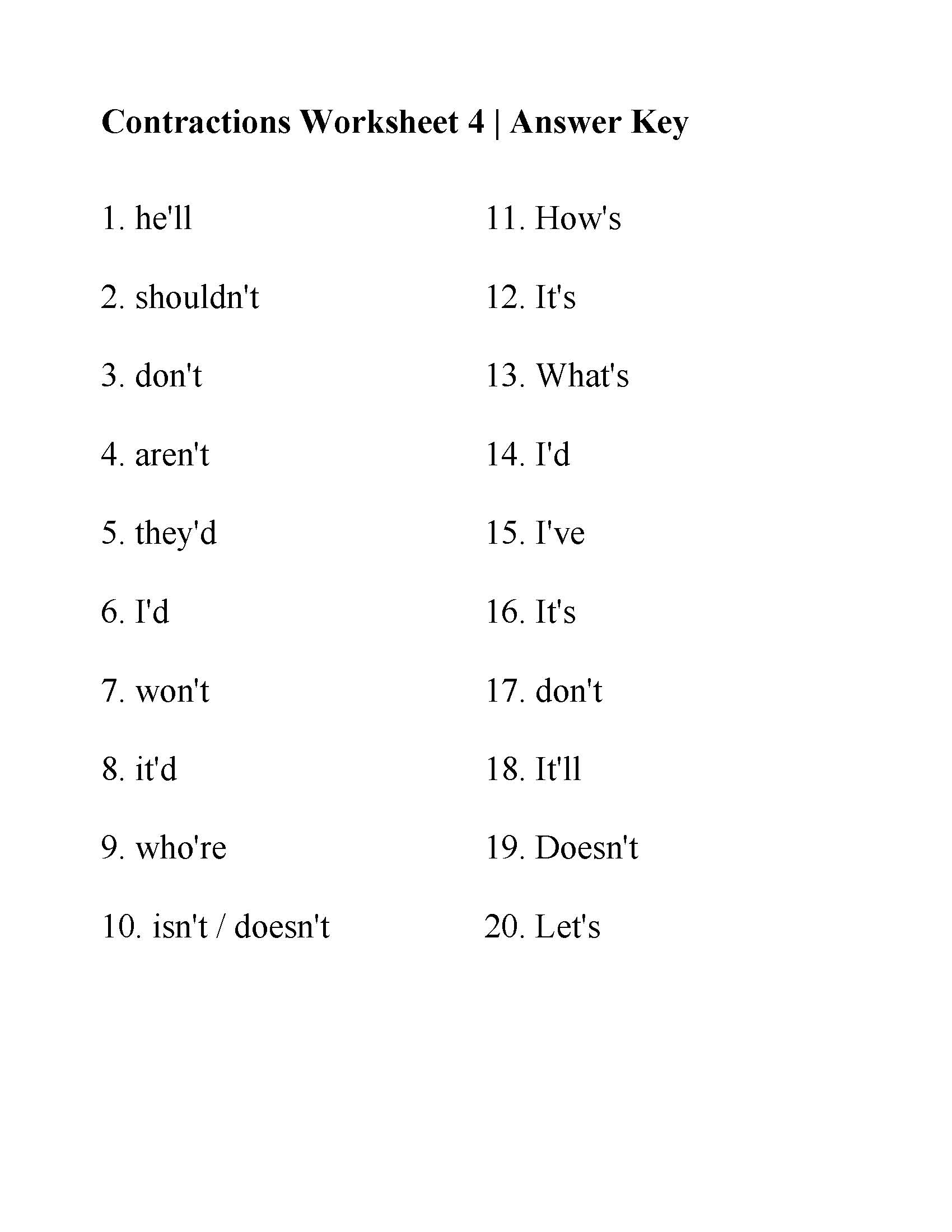 This is a preview image of Contractions Worksheet 4. Click on it to enlarge it or view the source file.