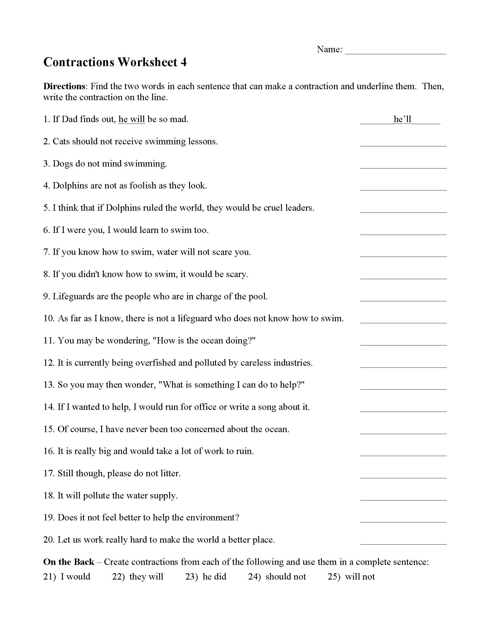 This is a preview image of Contractions Worksheet 4. Click on it to enlarge it or view the source file.