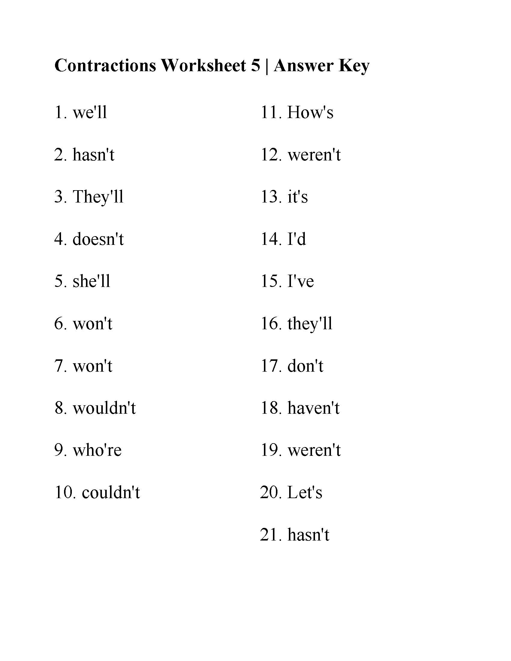 This is a preview image of Contractions Worksheet 5. Click on it to enlarge it or view the source file.