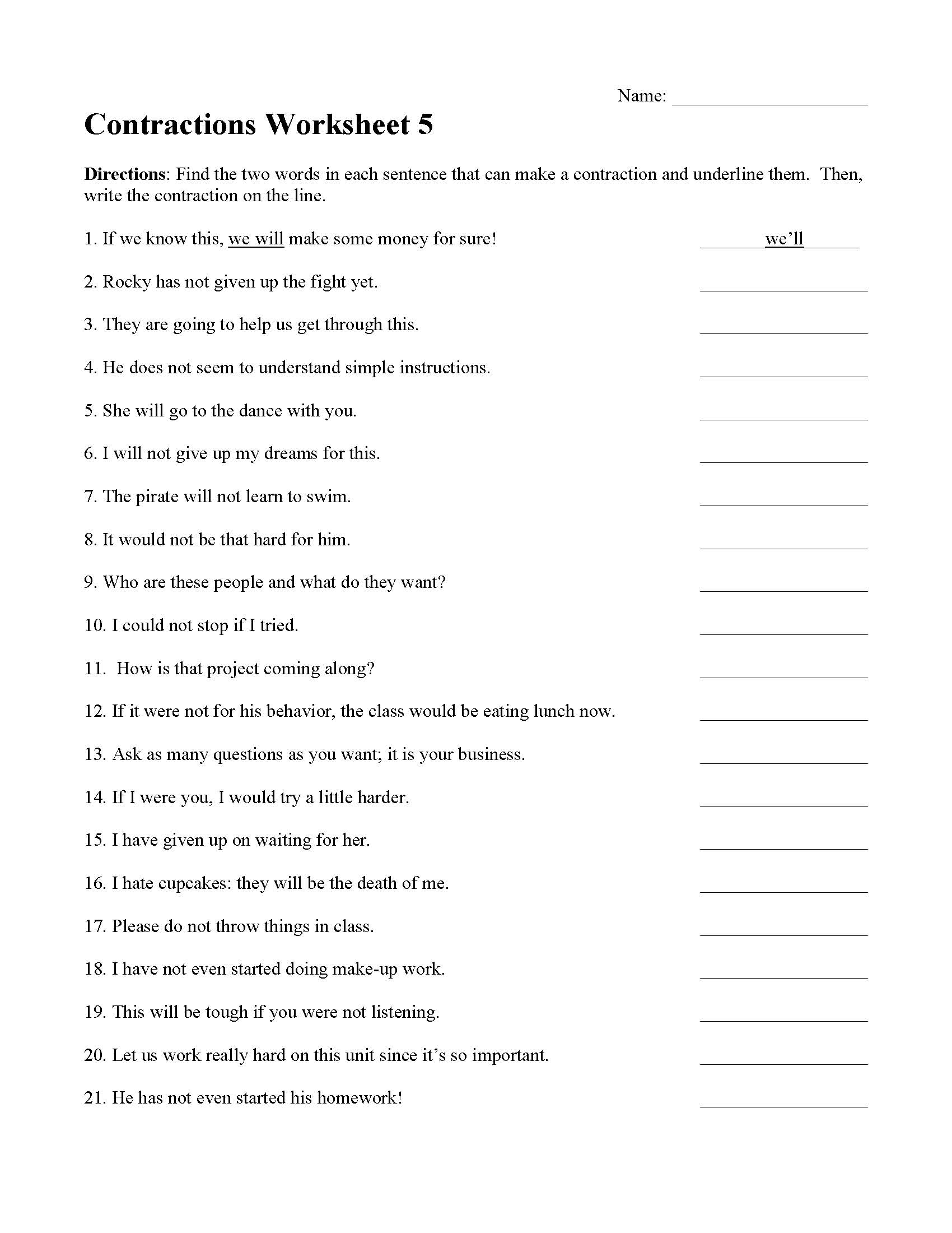 This is a preview image of Contractions Worksheet 5. Click on it to enlarge it or view the source file.