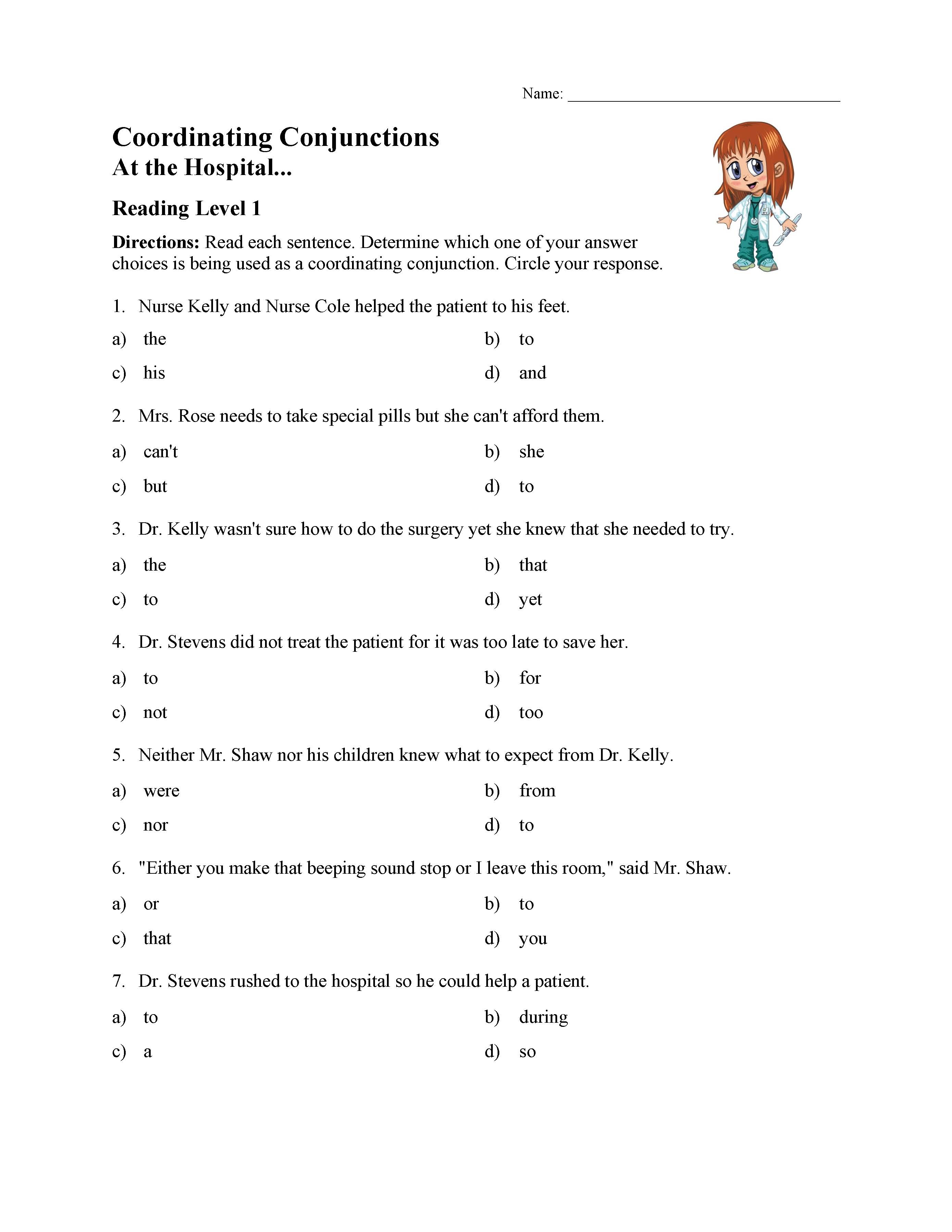 Coordinating Conjunctions Worksheet Reading Level 1 Preview