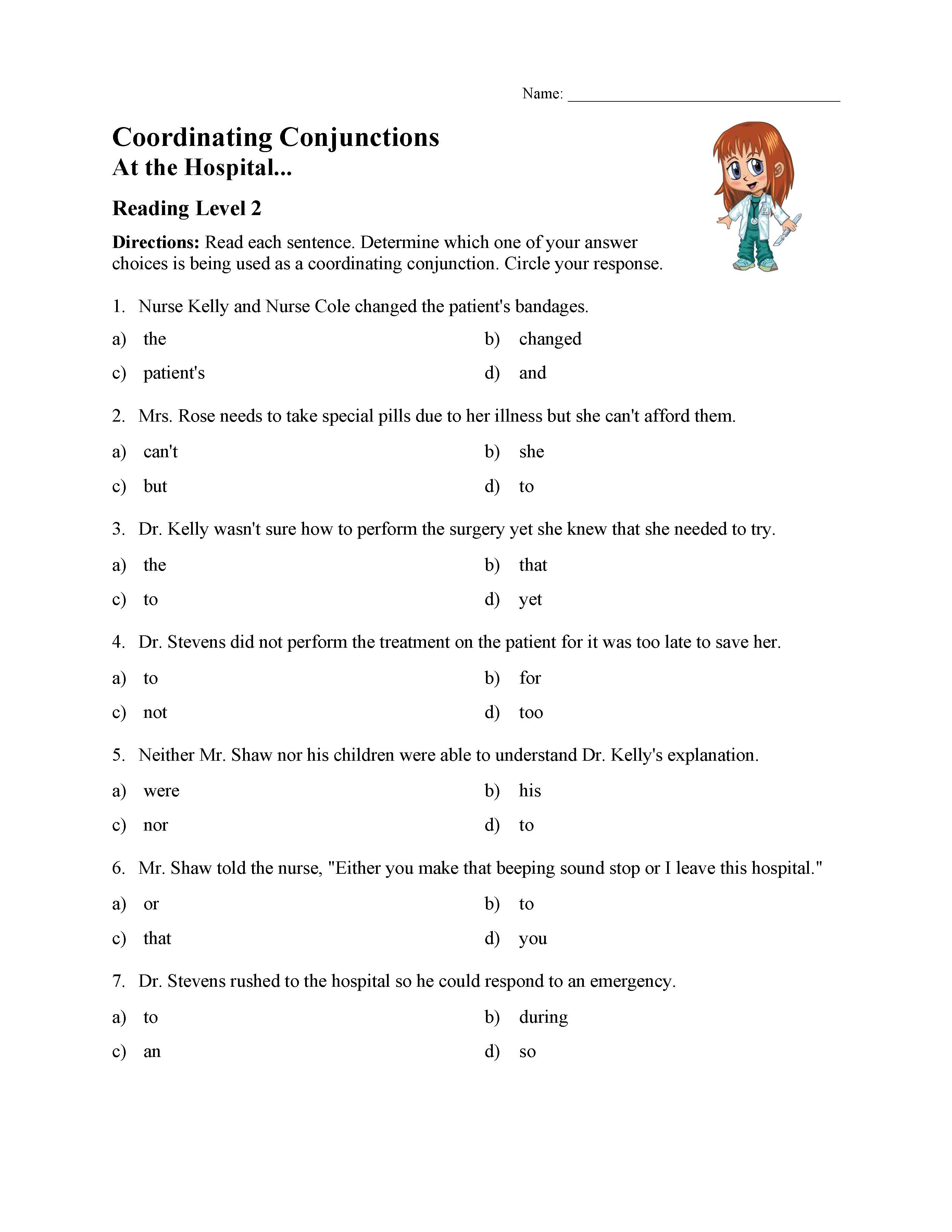 This is a preview image of the Coordinating Conjunctions Worksheet - Reading Level 2.