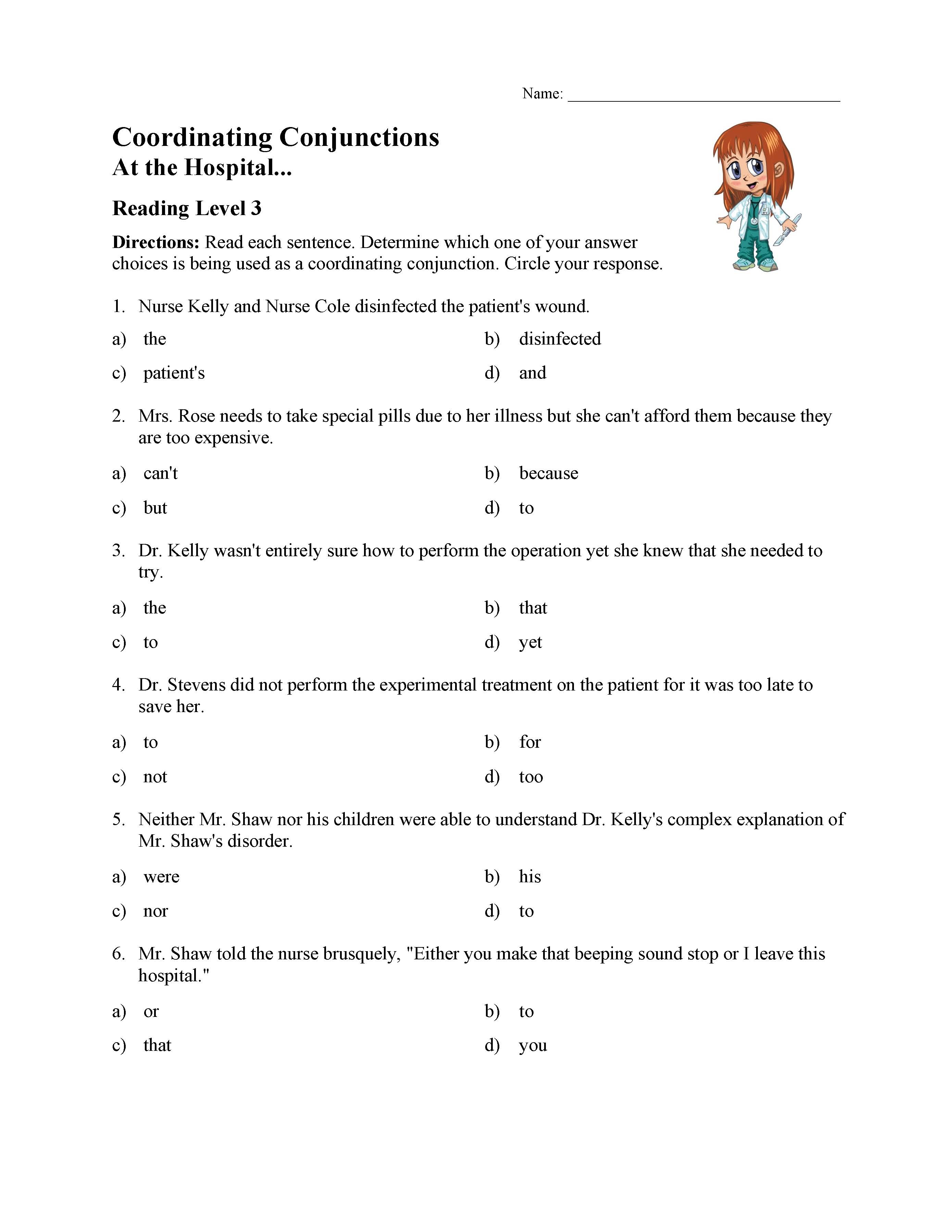 Coordinating Conjunctions Worksheet Reading Level 3 Preview
