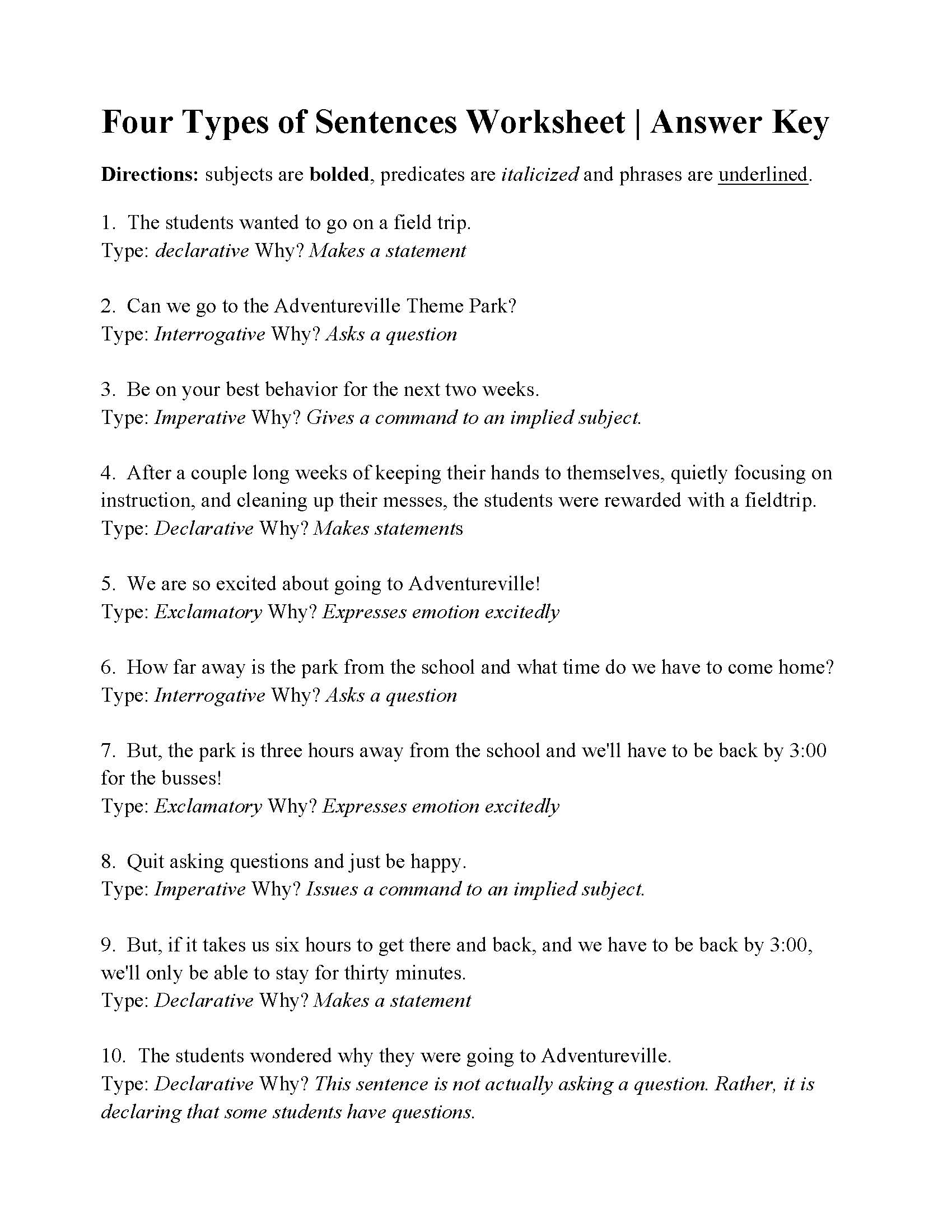 Four Types of Sentences Worksheet  Answers For 4 Types Of Sentences Worksheet