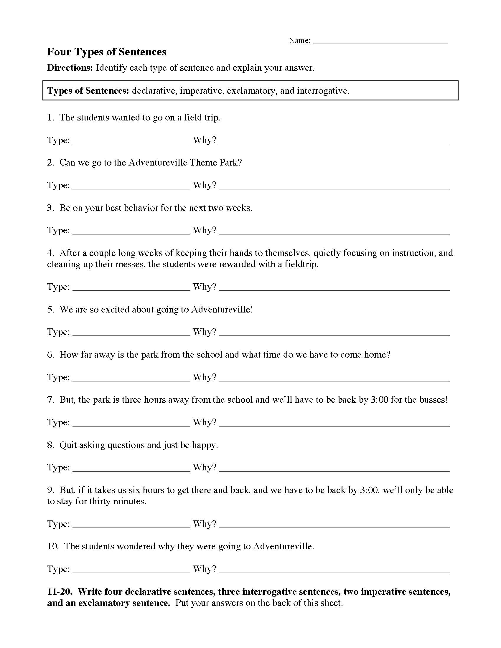 This is a preview image of Four Types of Sentences Worksheet. Click on it to enlarge it or view the source file.