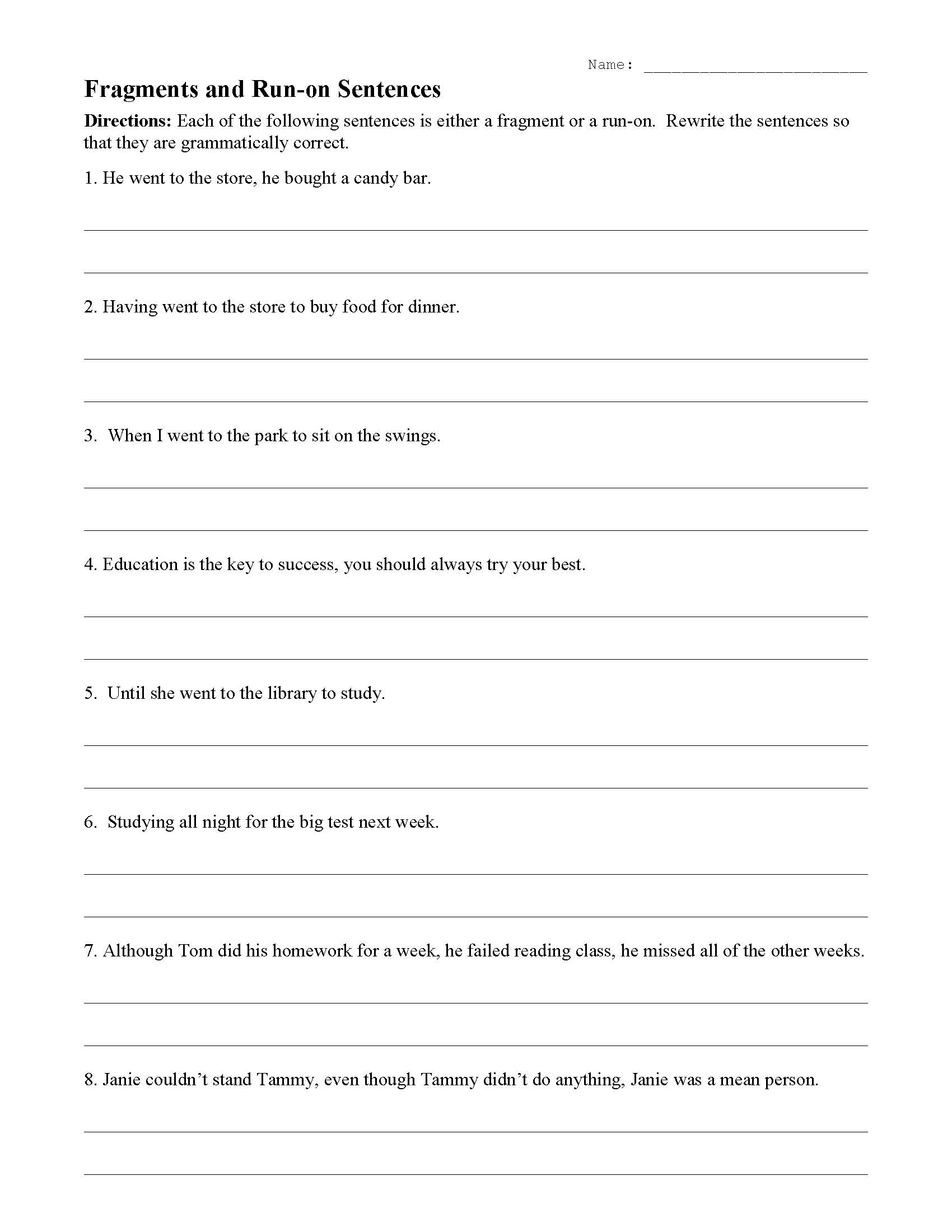 Fragments and Run-On Sentences Worksheet  Sentence Structure Activity For Run On Sentences Worksheet