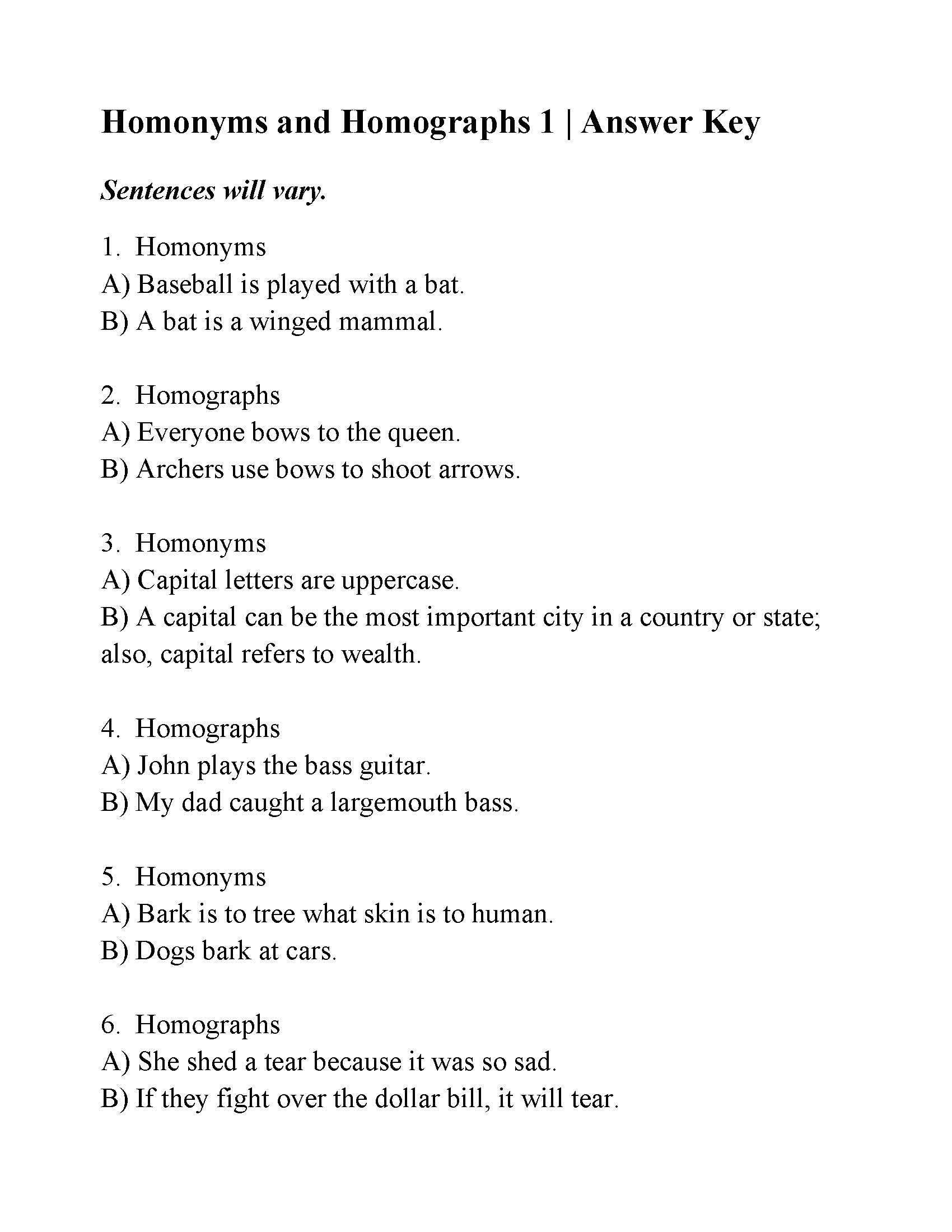 This is a preview image of Homonyms and Homographs Worksheet 1. Click on it to enlarge it or view the source file.