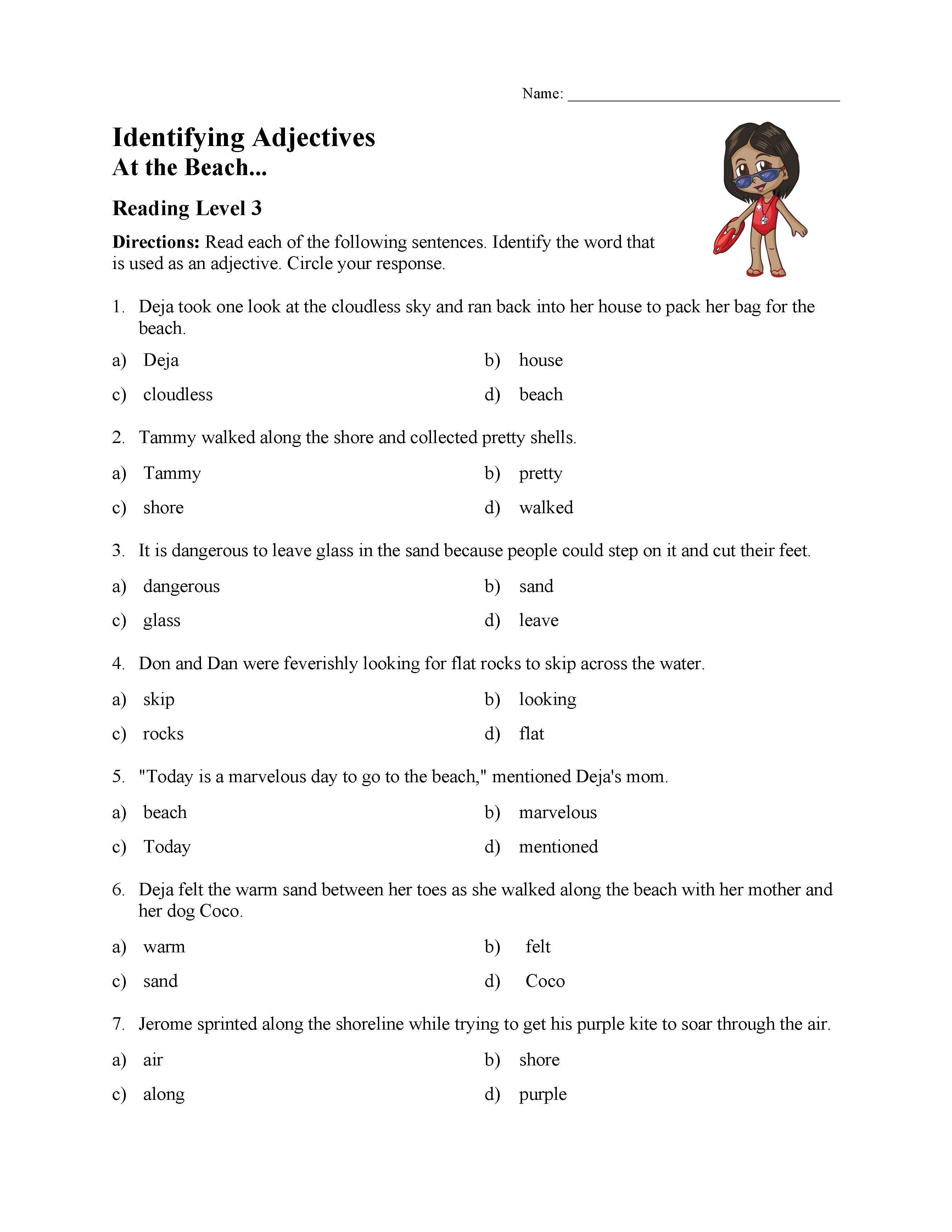 Identifying Adjectives Test 1 Reading Level 3 Preview