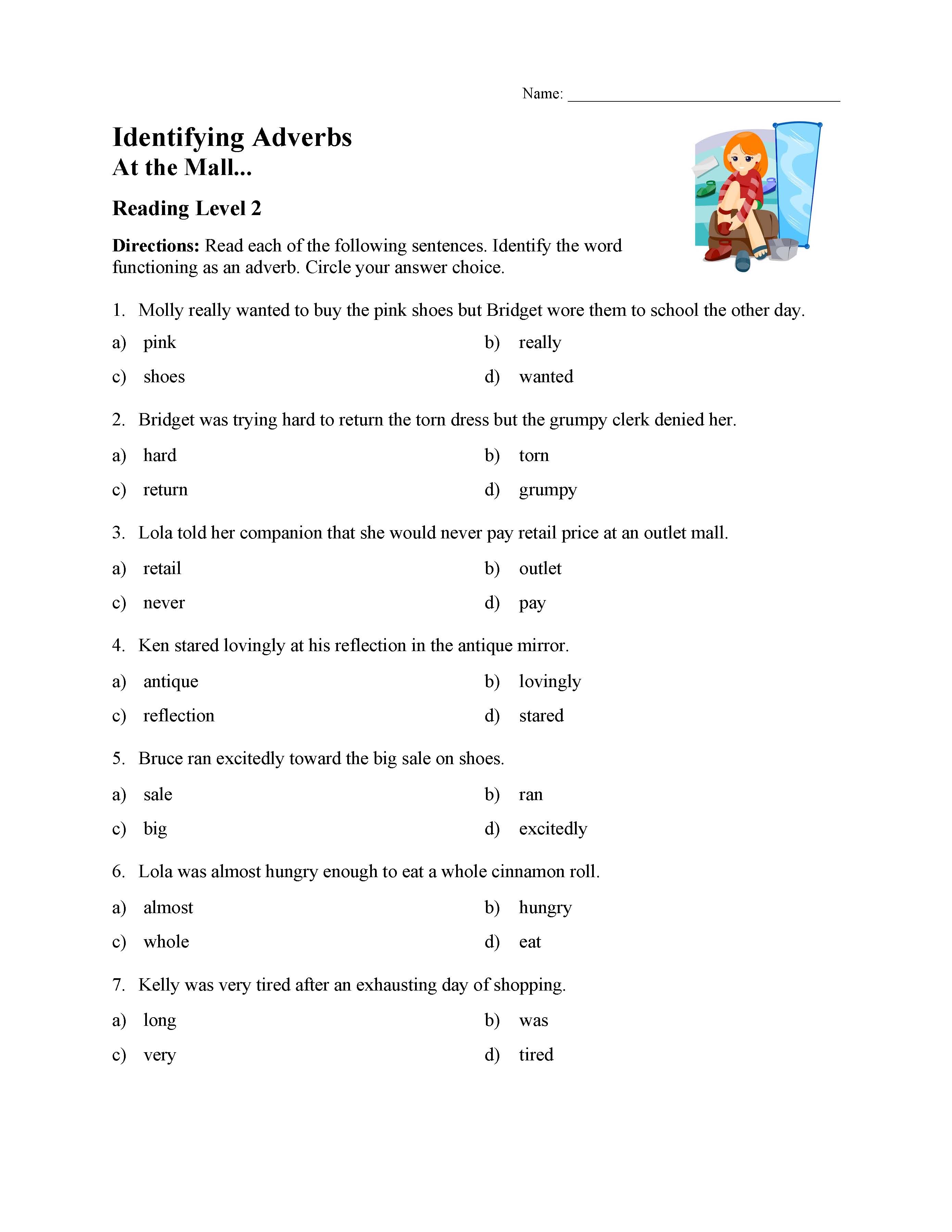 Identifying Adverbs Test Reading Level 2 Preview