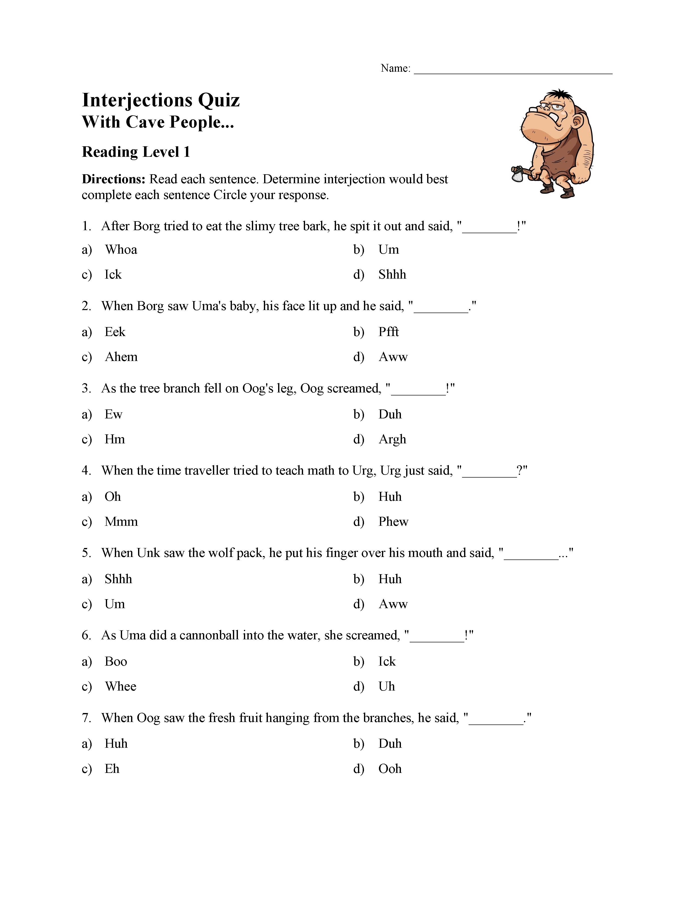 Interjections Quiz Reading Level 1 Preview