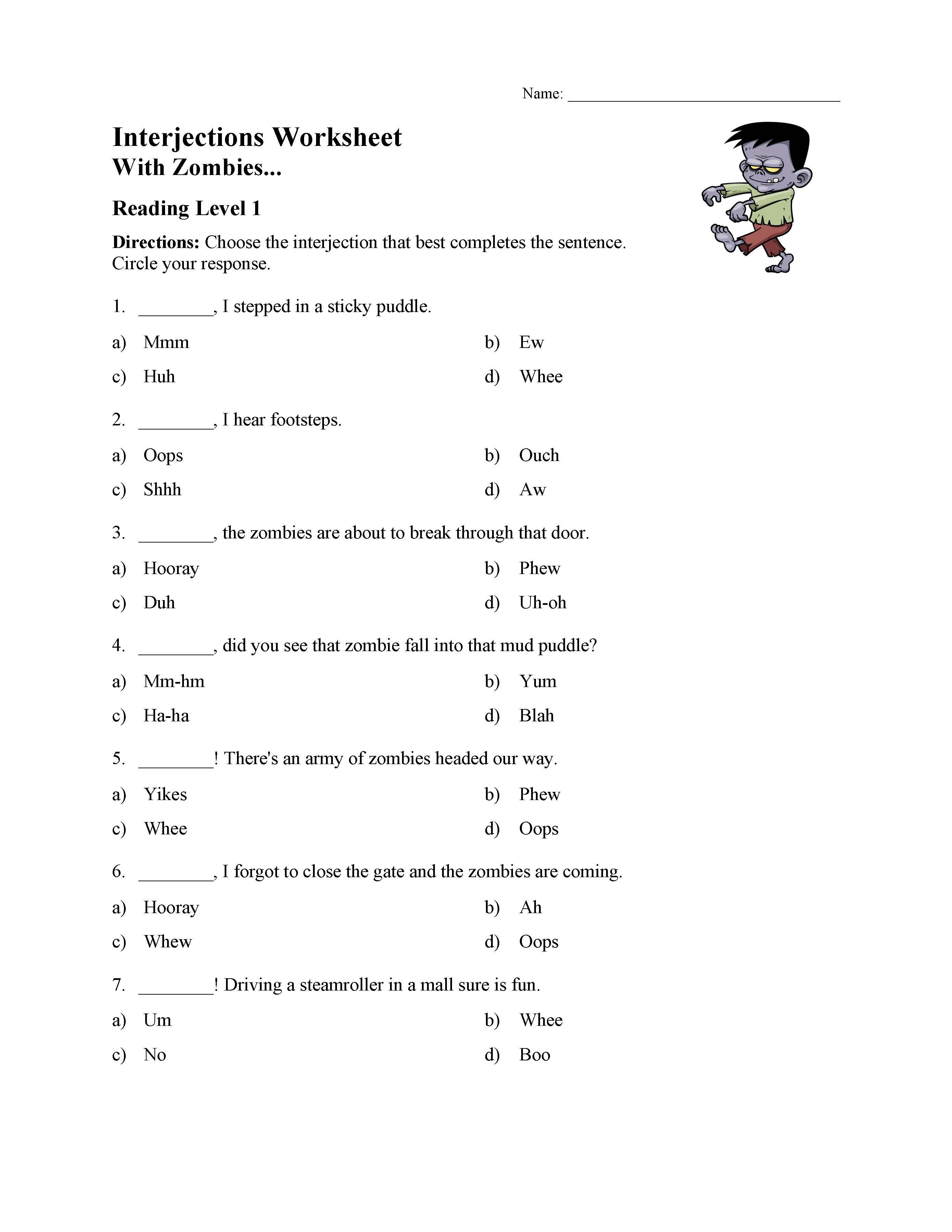 This is a preview image of the Interjections Worksheet - Reading Level 1.