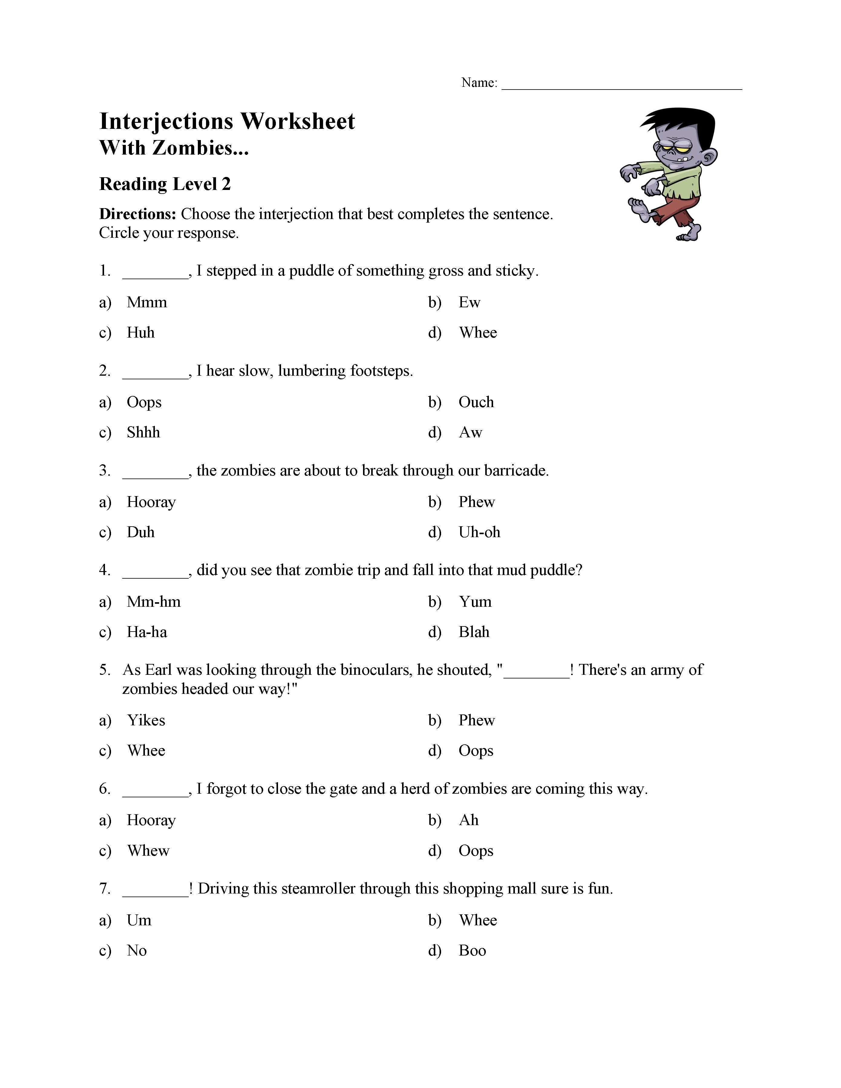 This is a preview image of the Interjections Worksheet - Reading Level 2.