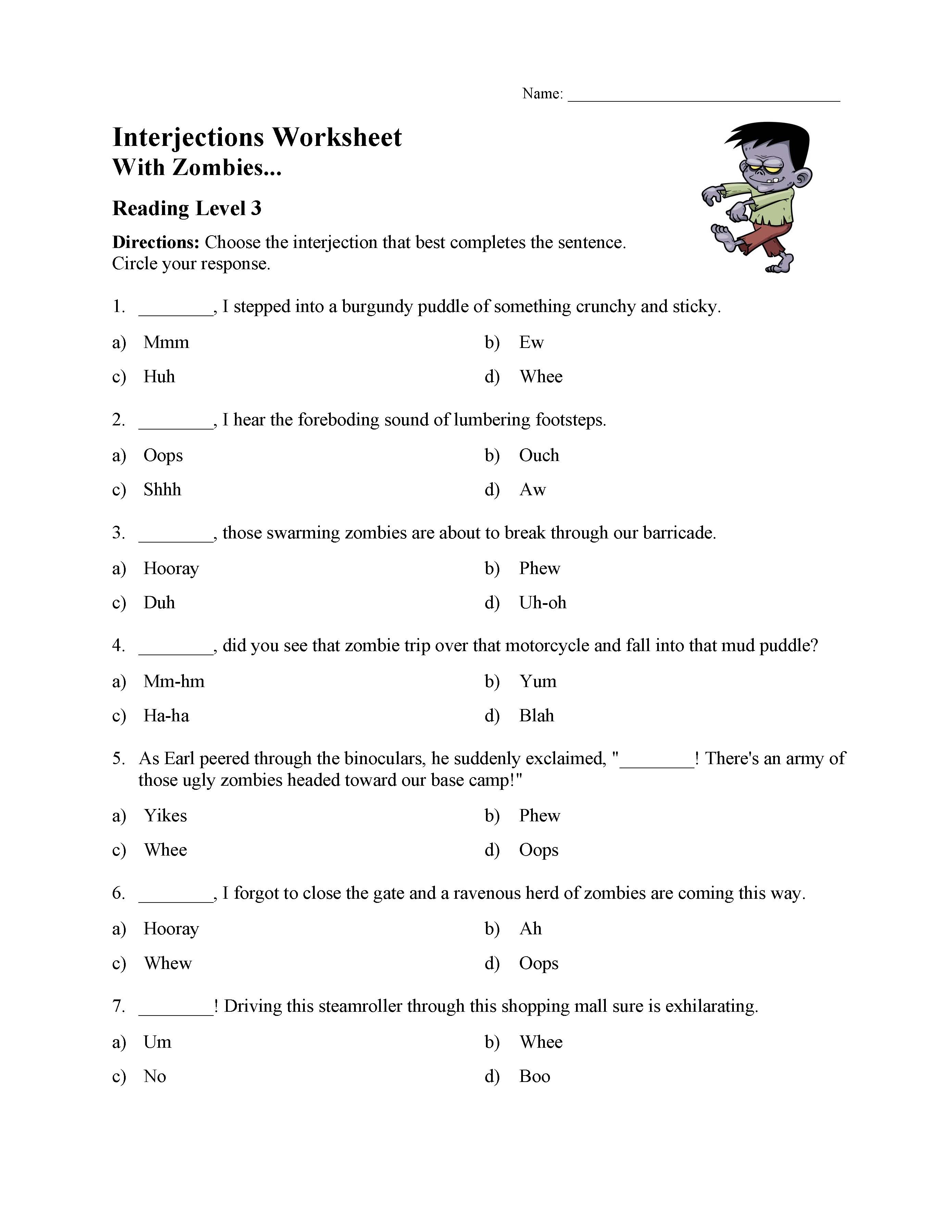 This is a preview image of the Interjections Worksheet - Reading Level 3.