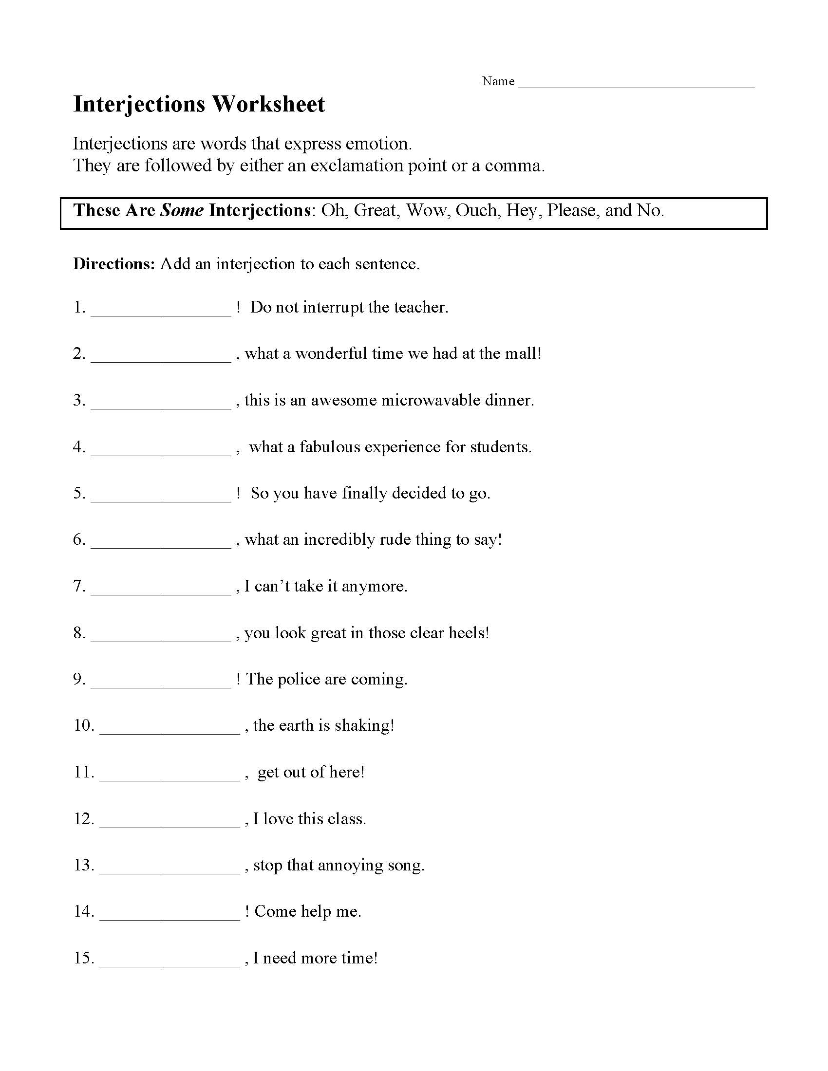 This is a preview image of the Interjections Worksheet.