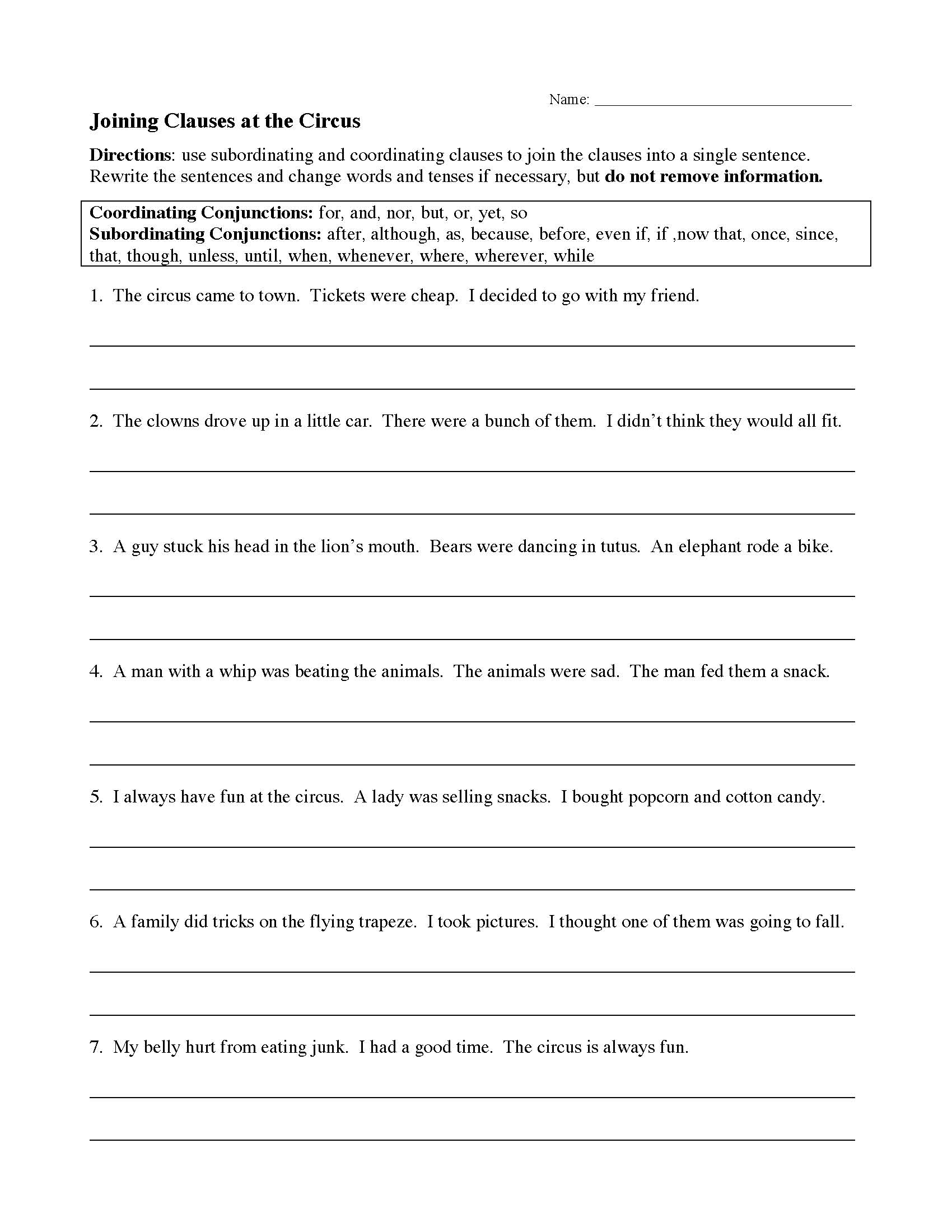 This is a preview image of Joining Clauses at the Circus Worksheet. Click on it to enlarge it or view the source file.