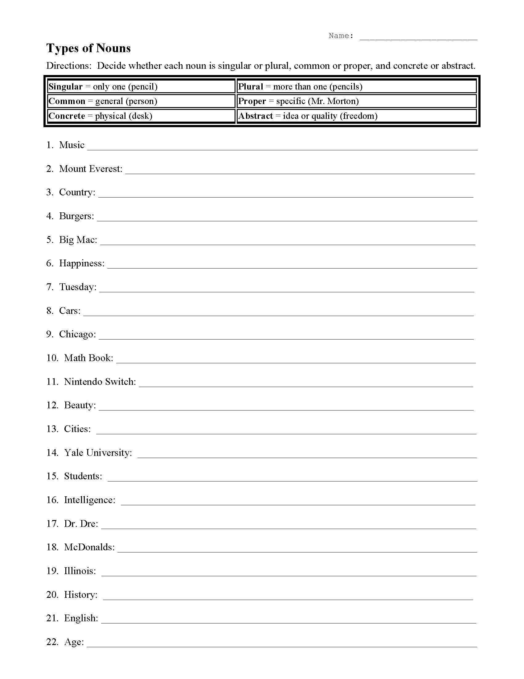 This is a preview image of the Noun Types Worksheet 2.