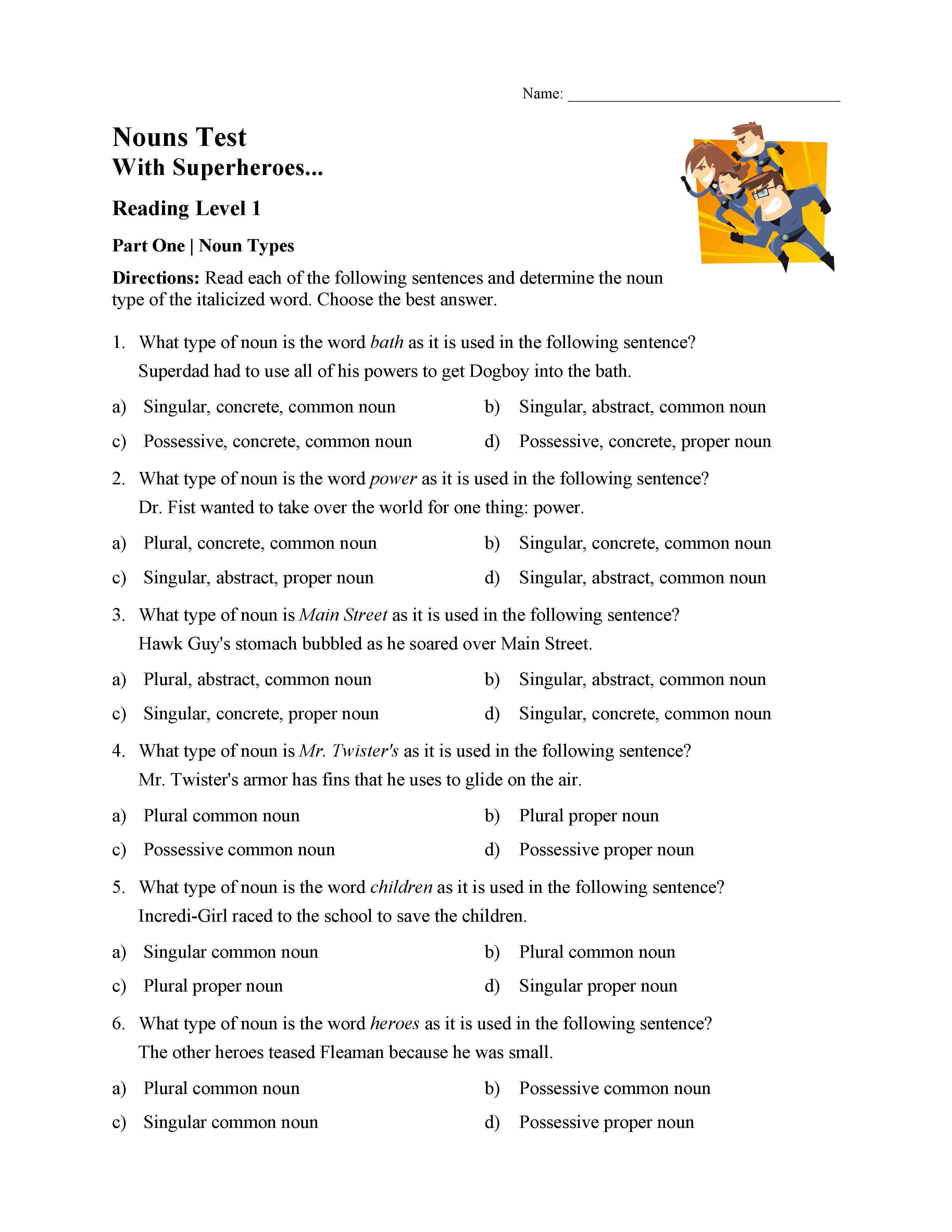 Singular Plural And Possessive Nouns Test 1 Reading Level 1 Preview