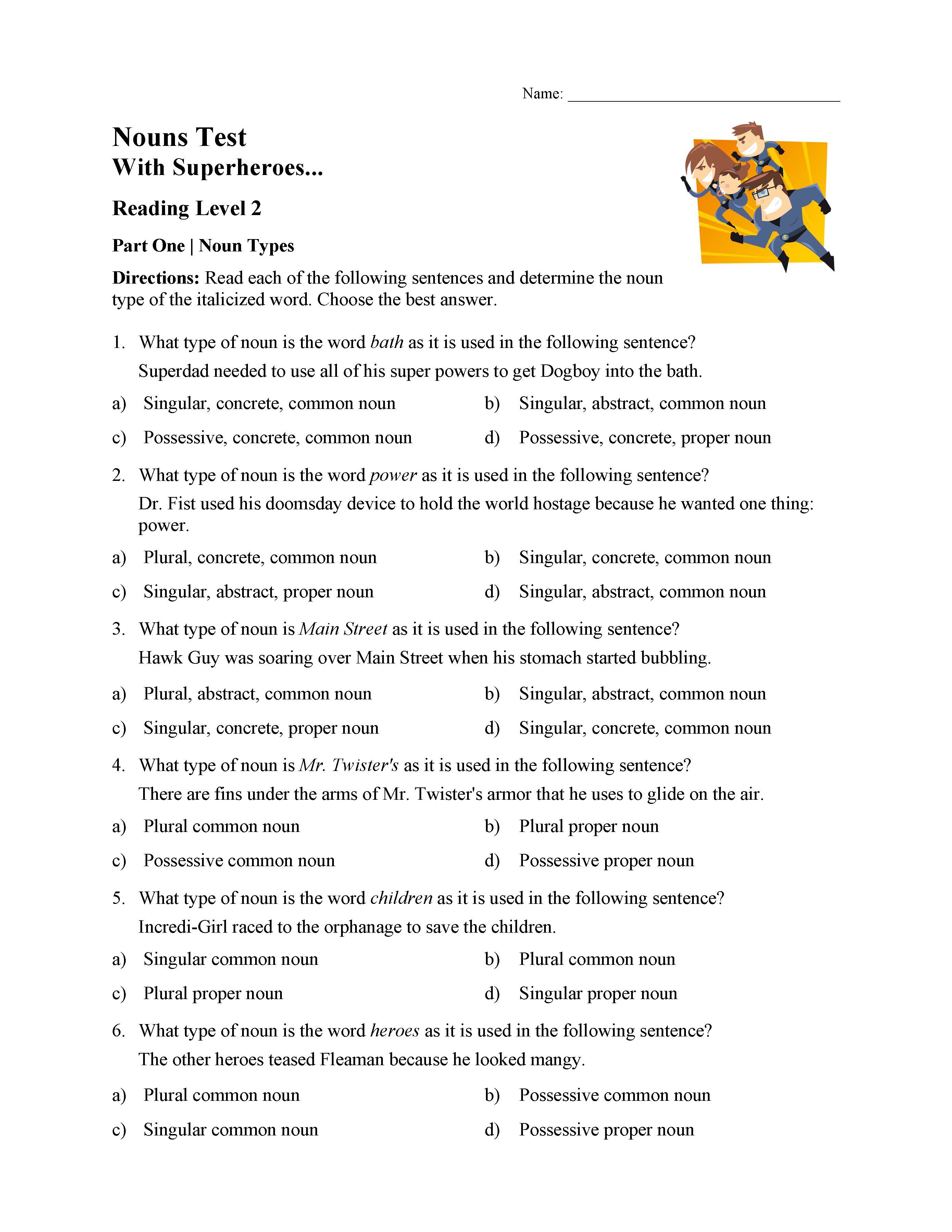 Singular, Plural, and Possessive Nouns Test 1 | Reading Level 2 | Preview