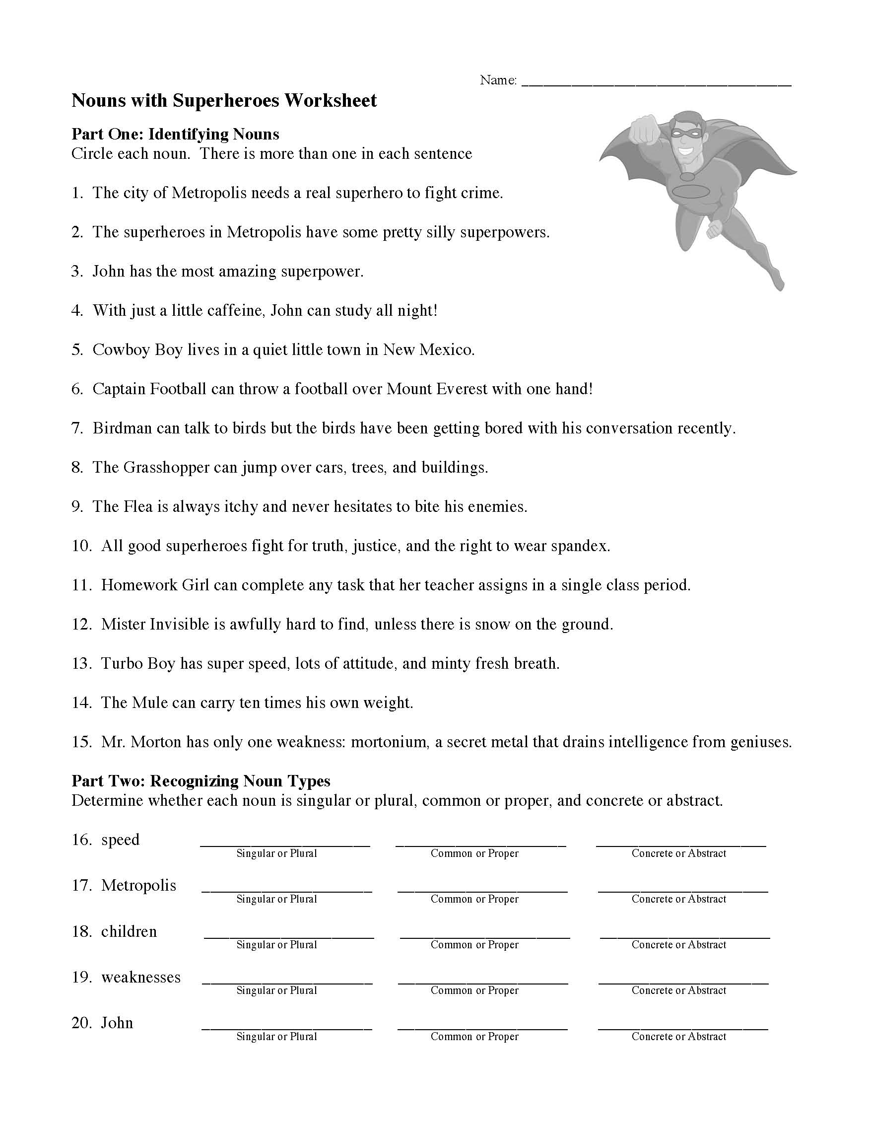 This is a preview image of Nouns Worksheet | "With Superheroes". Click on it to enlarge it or view the source file.