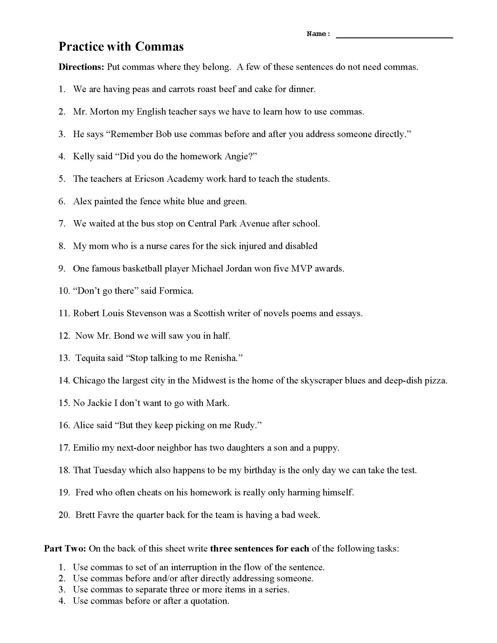Practice With Commas Worksheets