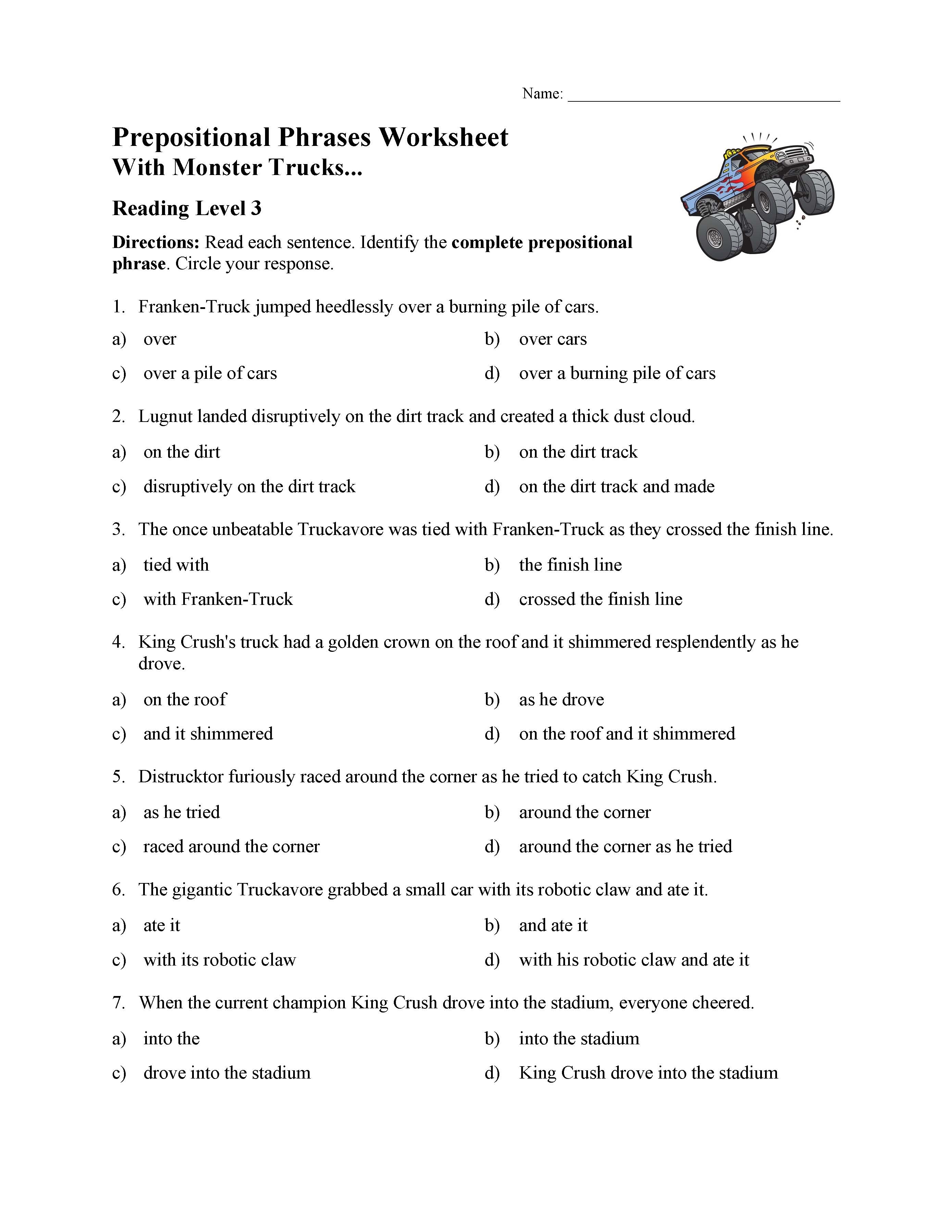 This is a preview image of the Prepositional Phrases Worksheet 1 - Reading Level 3.