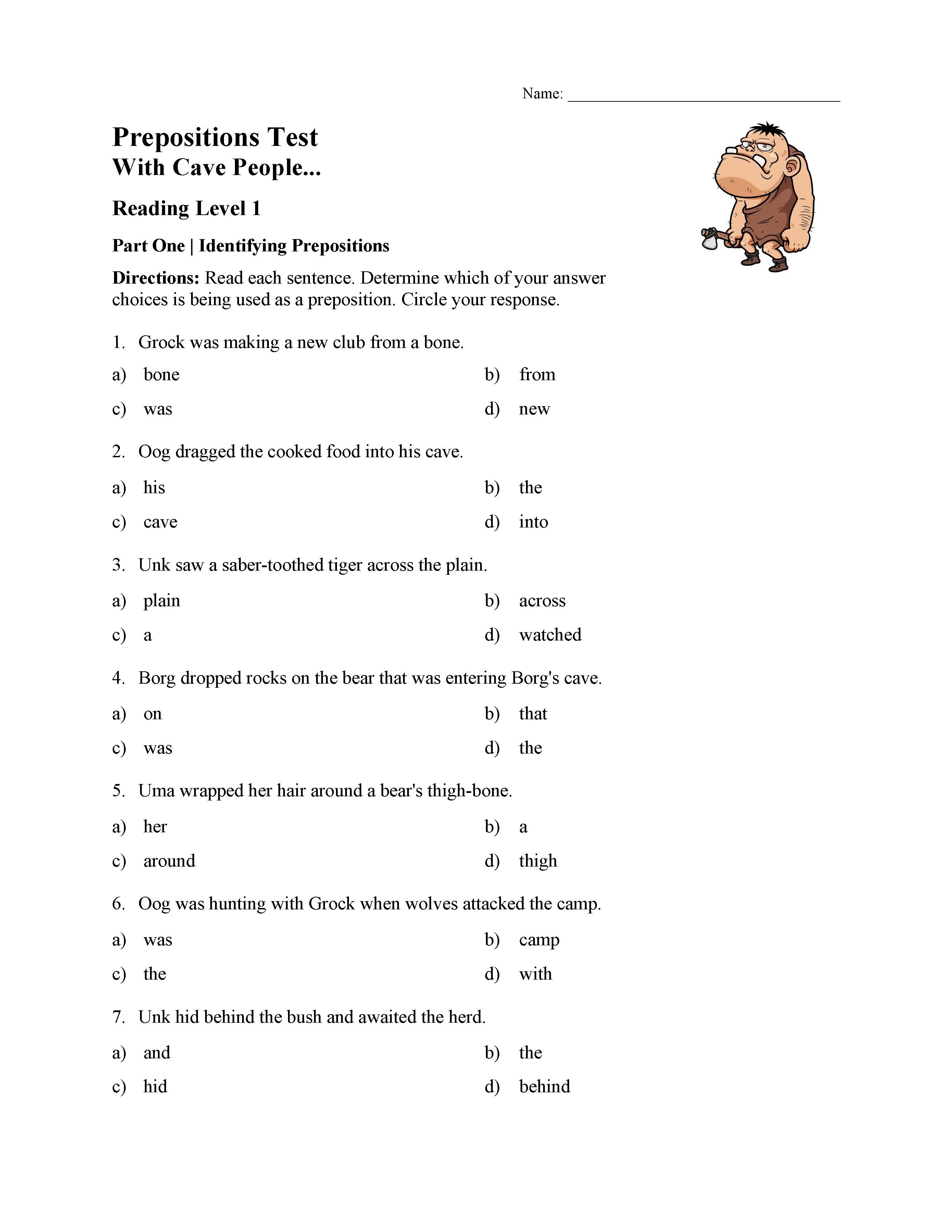 This is a preview image of the Prepositions Test 1 - Reading Level 1.