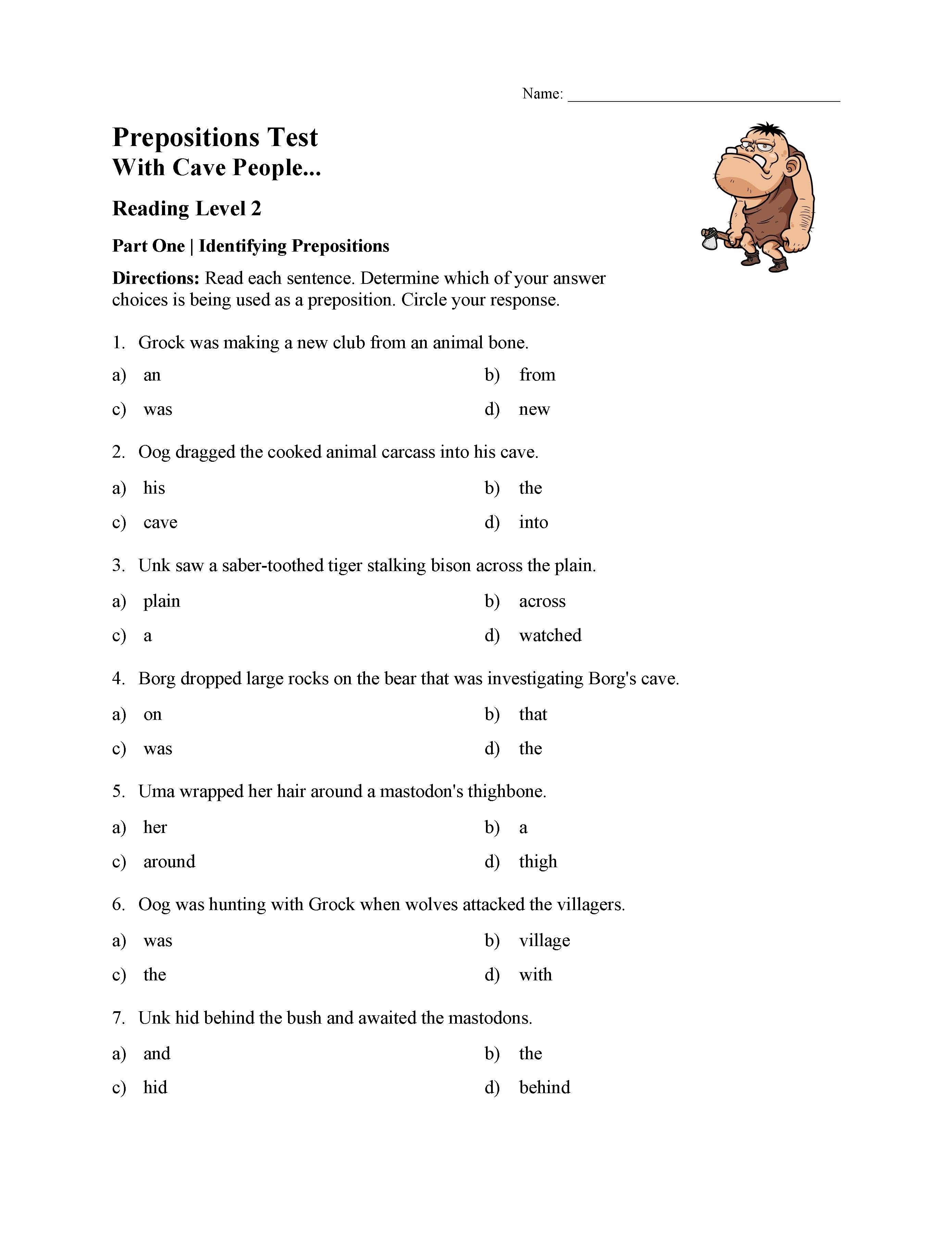 This is a preview image of the Prepositions Test 1 - Reading Level 2.