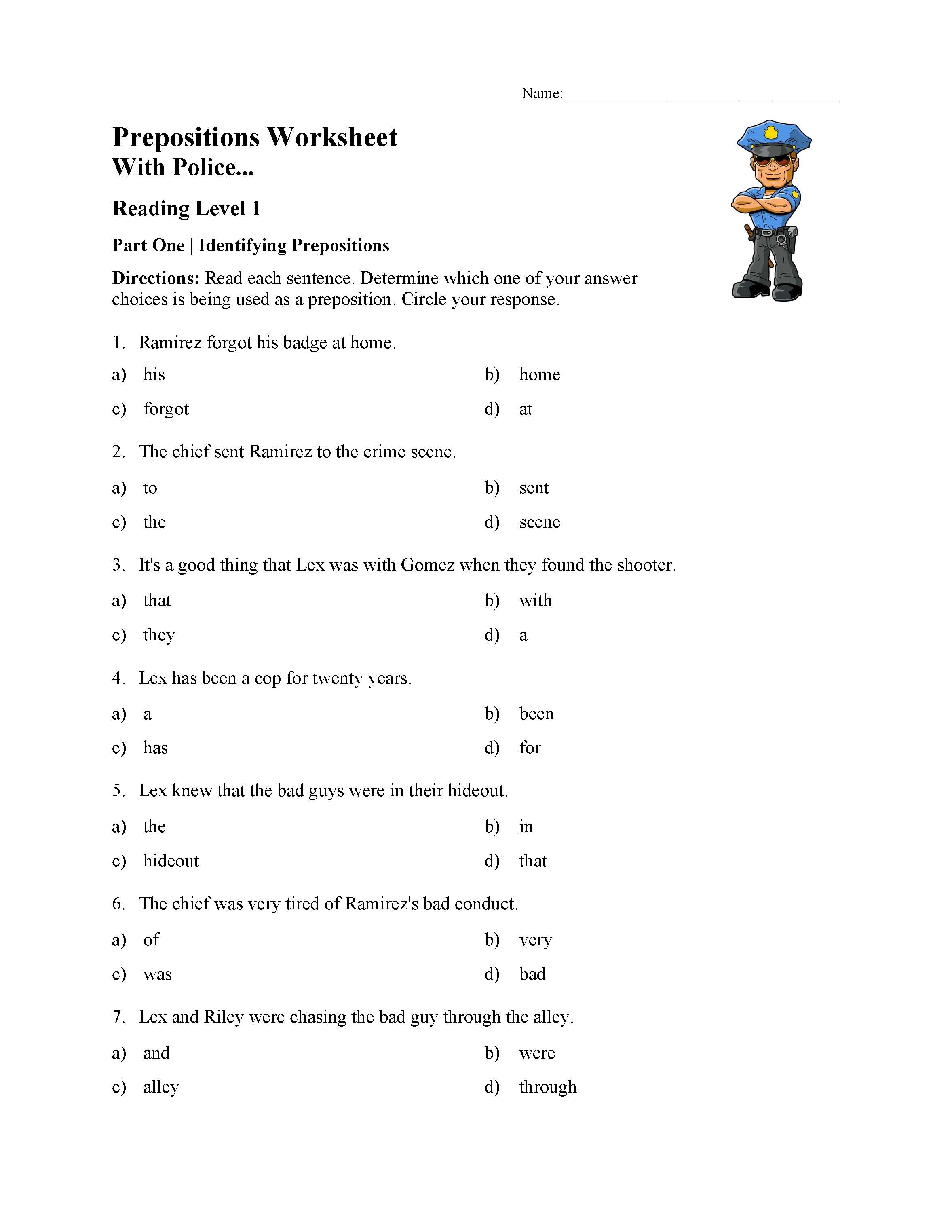 This is a preview image of the Preposition Worksheet 1 - Reading Level 1.