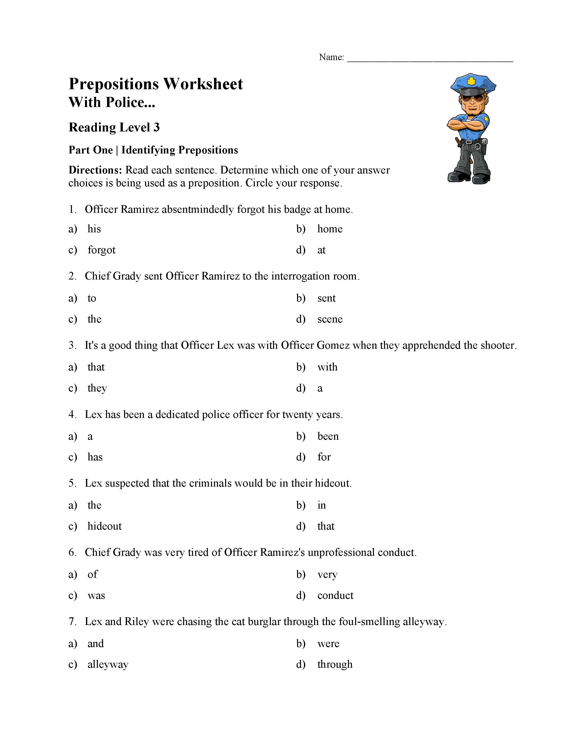 This is a preview image of the Preposition Worksheet 1 - Reading Level 3.