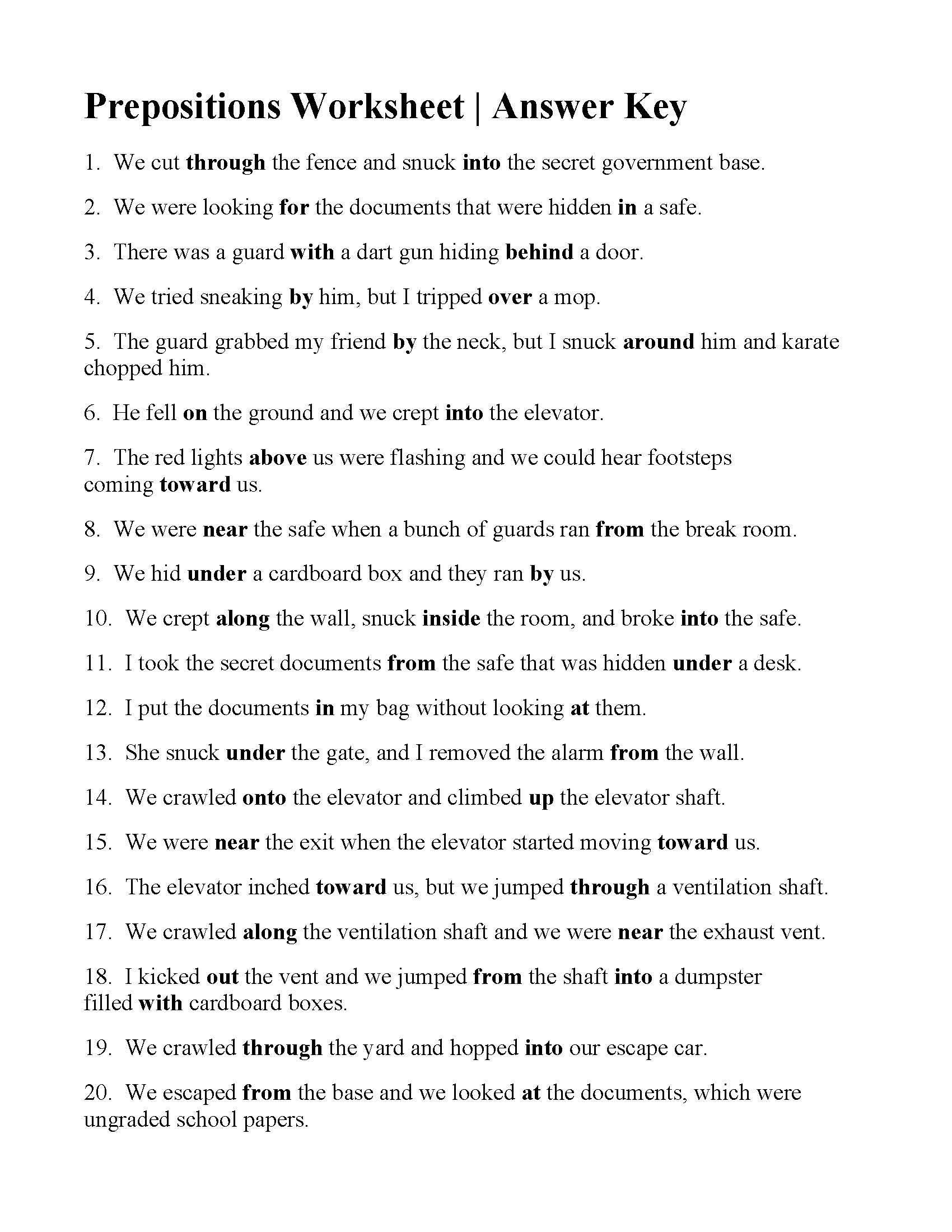 Prepositions And Conjunctions Worksheet And Answers Class Zone