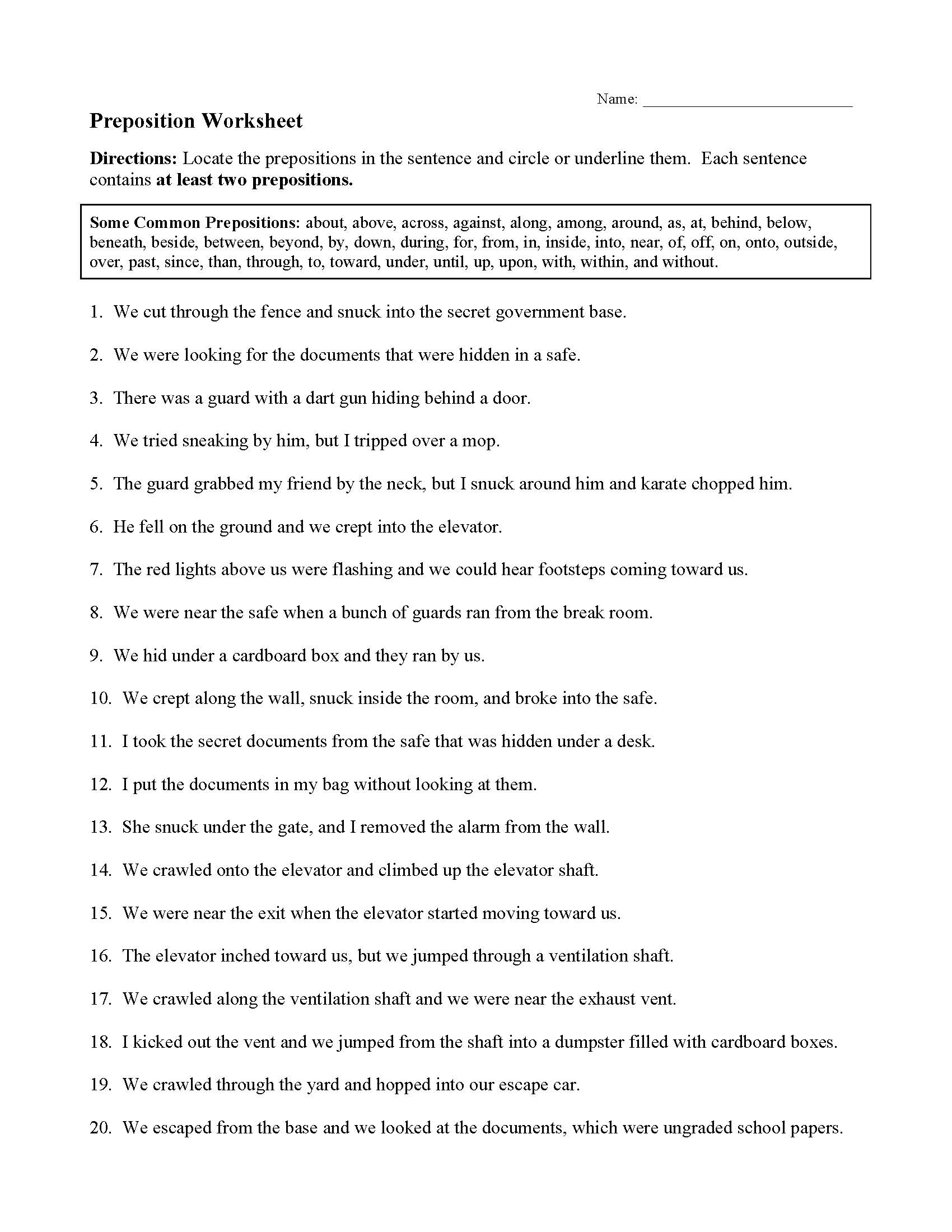 This is a preview image of the Prepositions Worksheet.