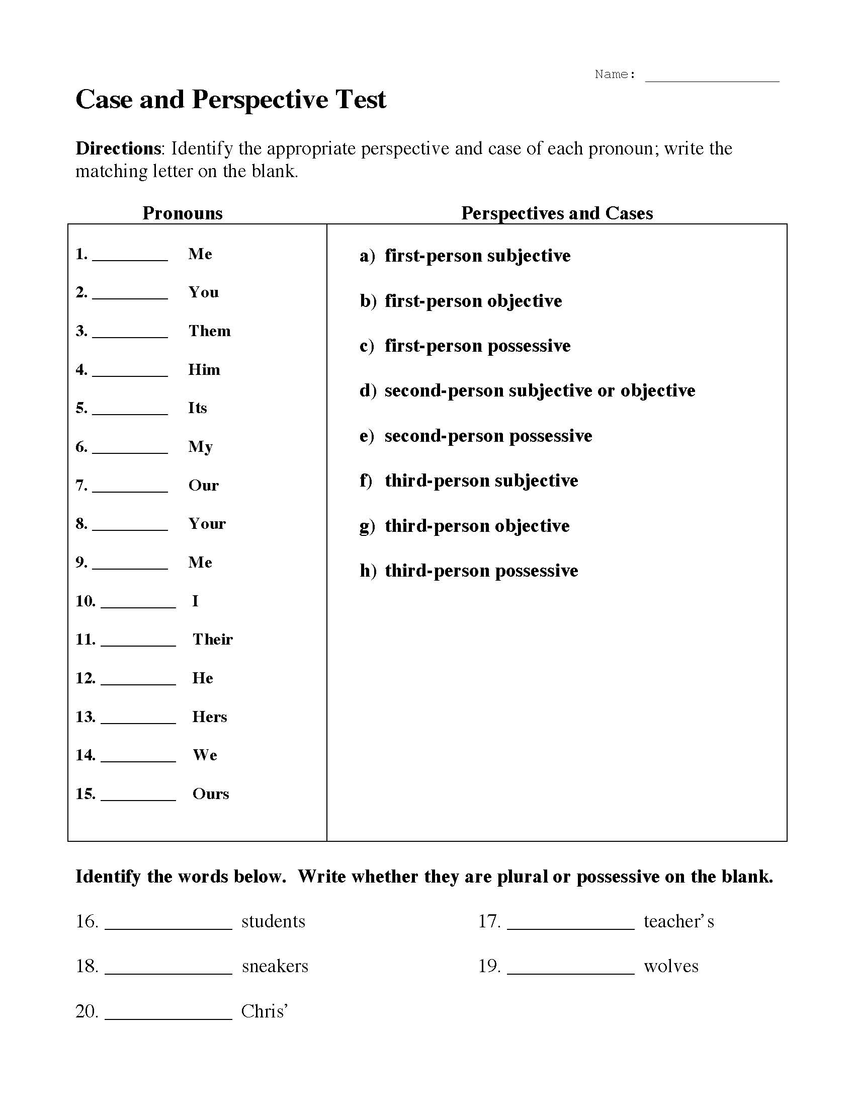 This is a preview image of the Pronoun Case and Perspective Quiz.