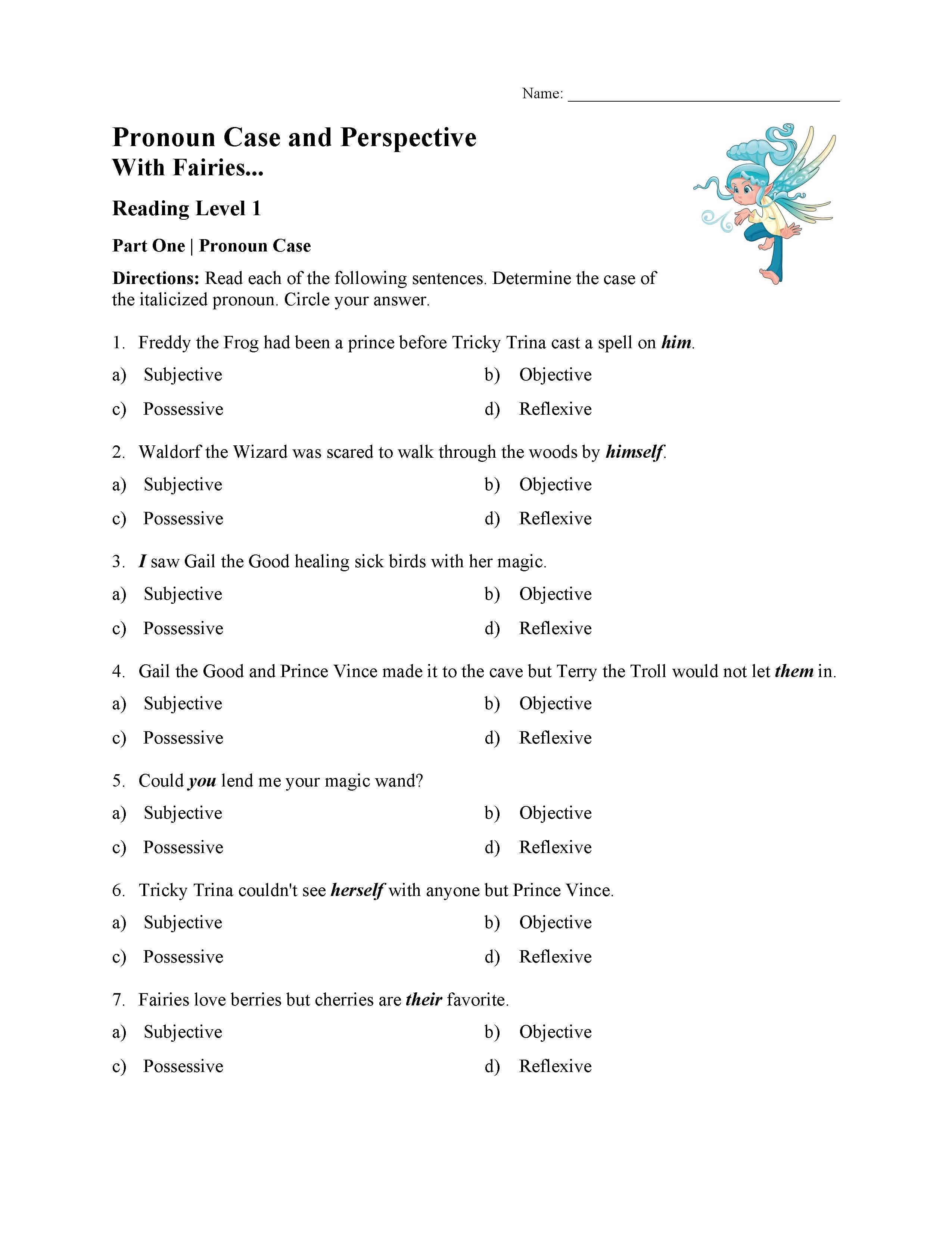 This is a preview image of the Pronoun Case and Perspective Test - With Fairies | Reading Level 1.