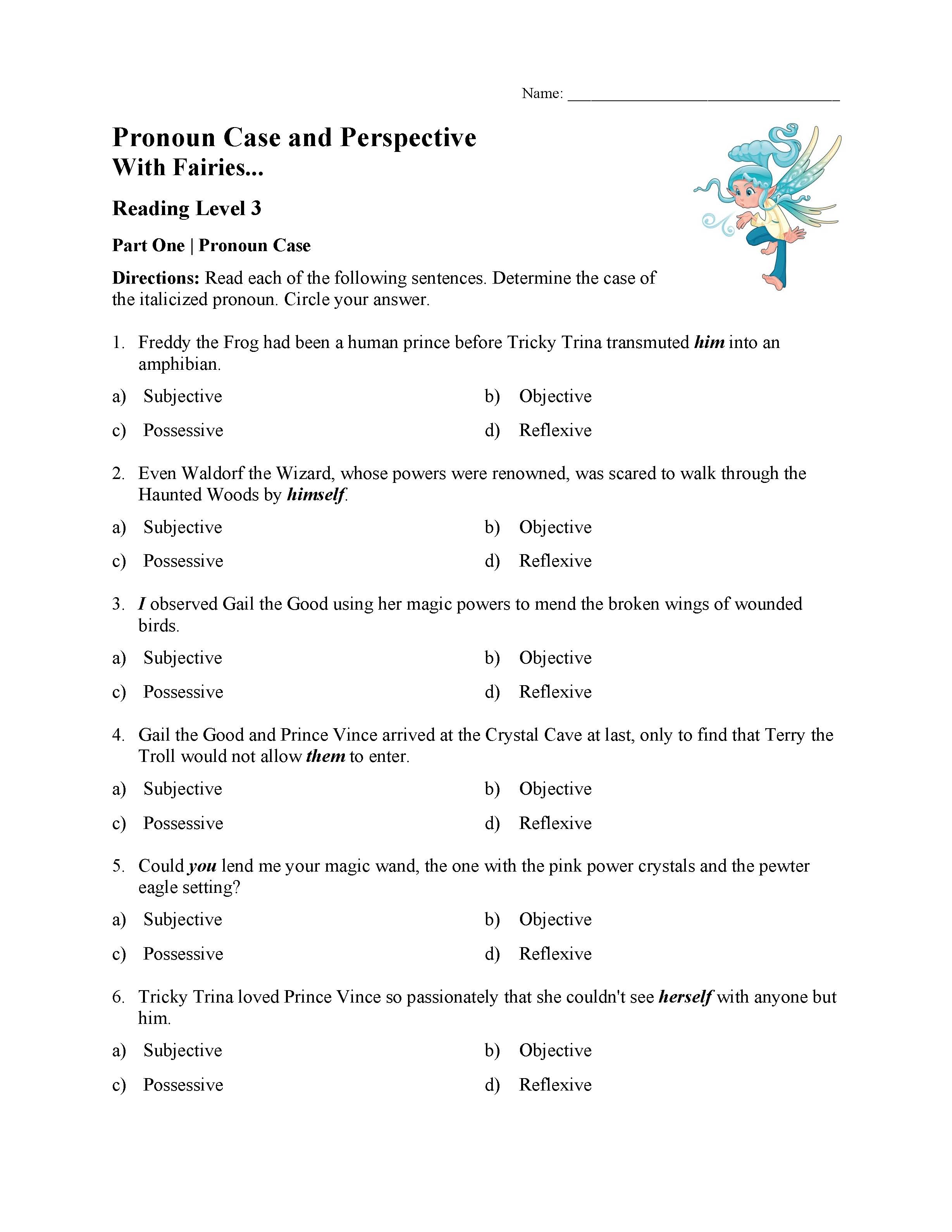 This is a preview image of the Pronoun Case and Perspective Test - With Fairies | Reading Level 3.